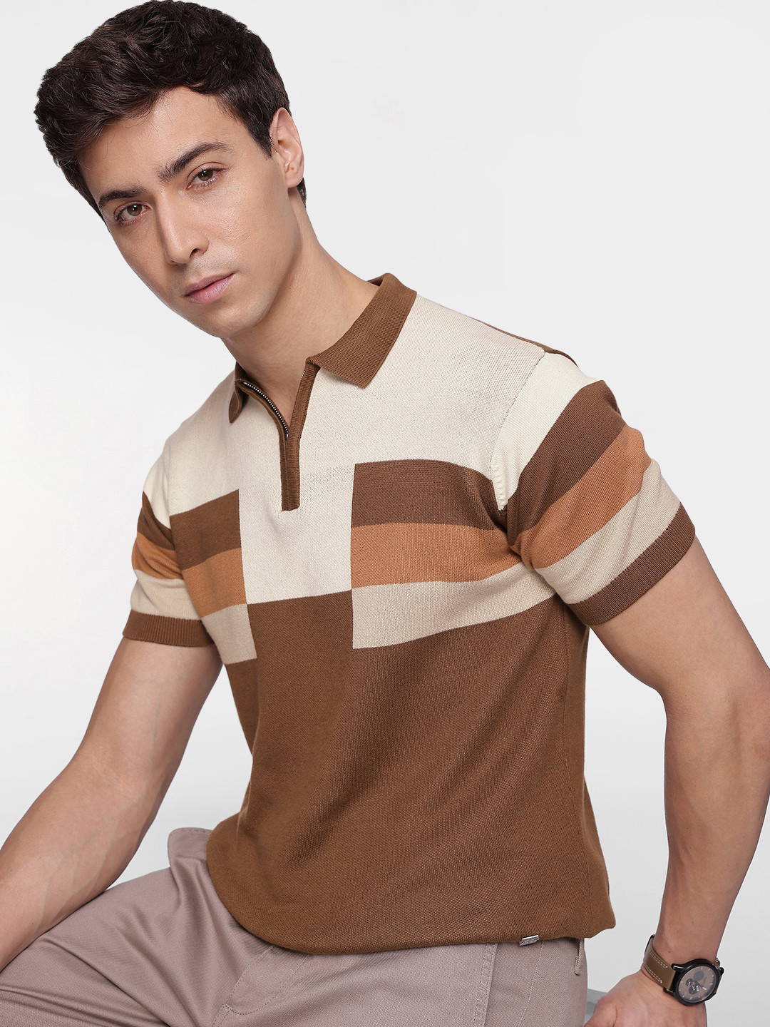 French Connection Men Colourblocked Flat Knit Polo Tshirt