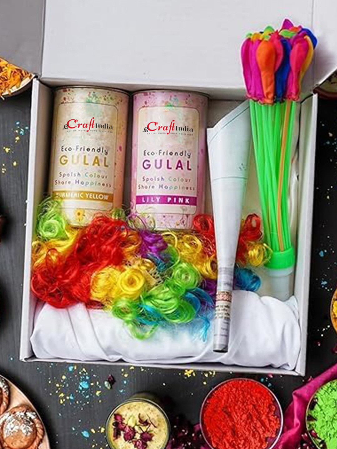 eCraftIndia Holi Gift Hamper with Holi Colours Balloons Cap T-shirt & Air Horn Trumpet