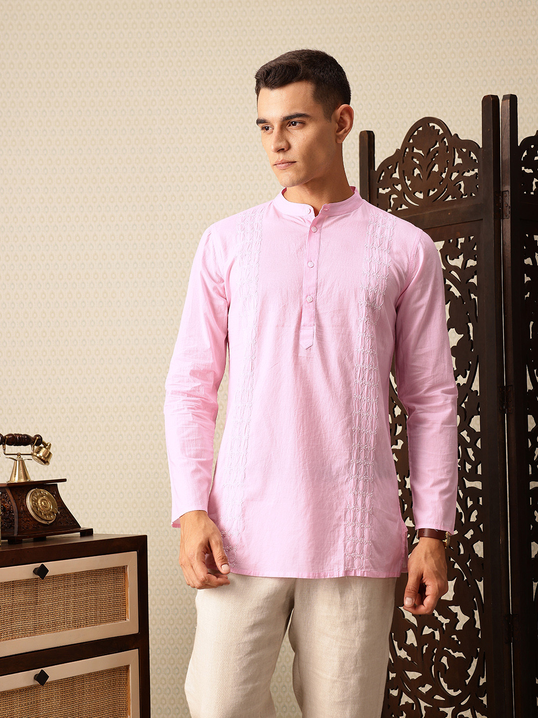 House of Pataudi Hand crafted chikankari band collar pure cotton Jashn short length kurta