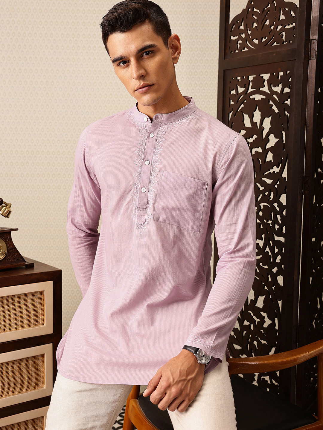 House of Pataudi Yoke Chikankari hand embroidered jashn Pure Cotton short kurta