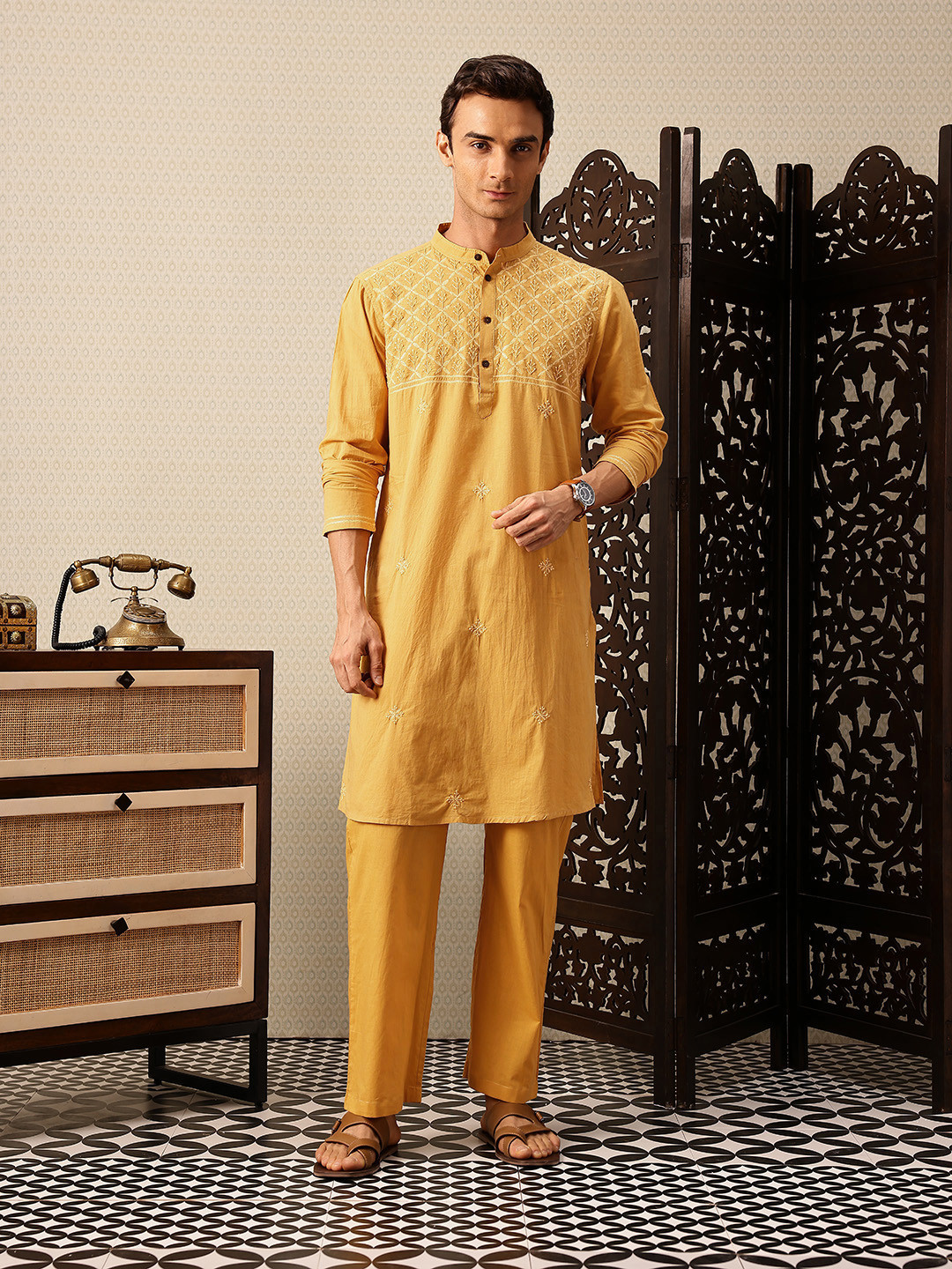 House of Pataudi Hand crafted chikankari pure cotton Jashn kurta paired with matching pyjama trousers