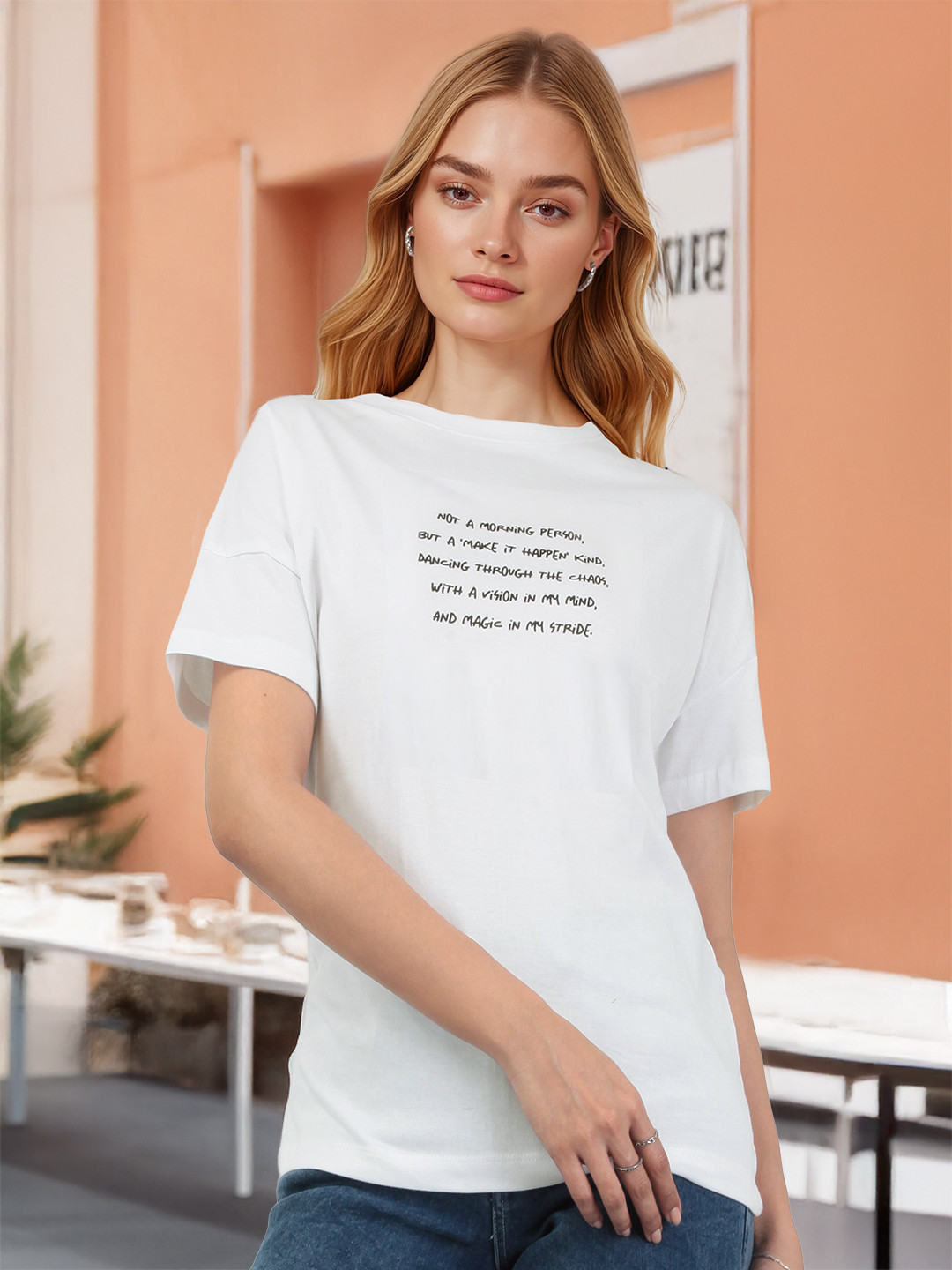 Mast & Harbour Typography Printed Drop-Shoulder Sleeves Pure Cotton T-shirt