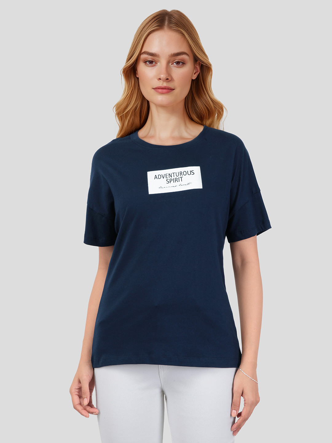 Mast & Harbour Typography Printed Drop-Shoulder Sleeves Pure Cotton T-shirt
