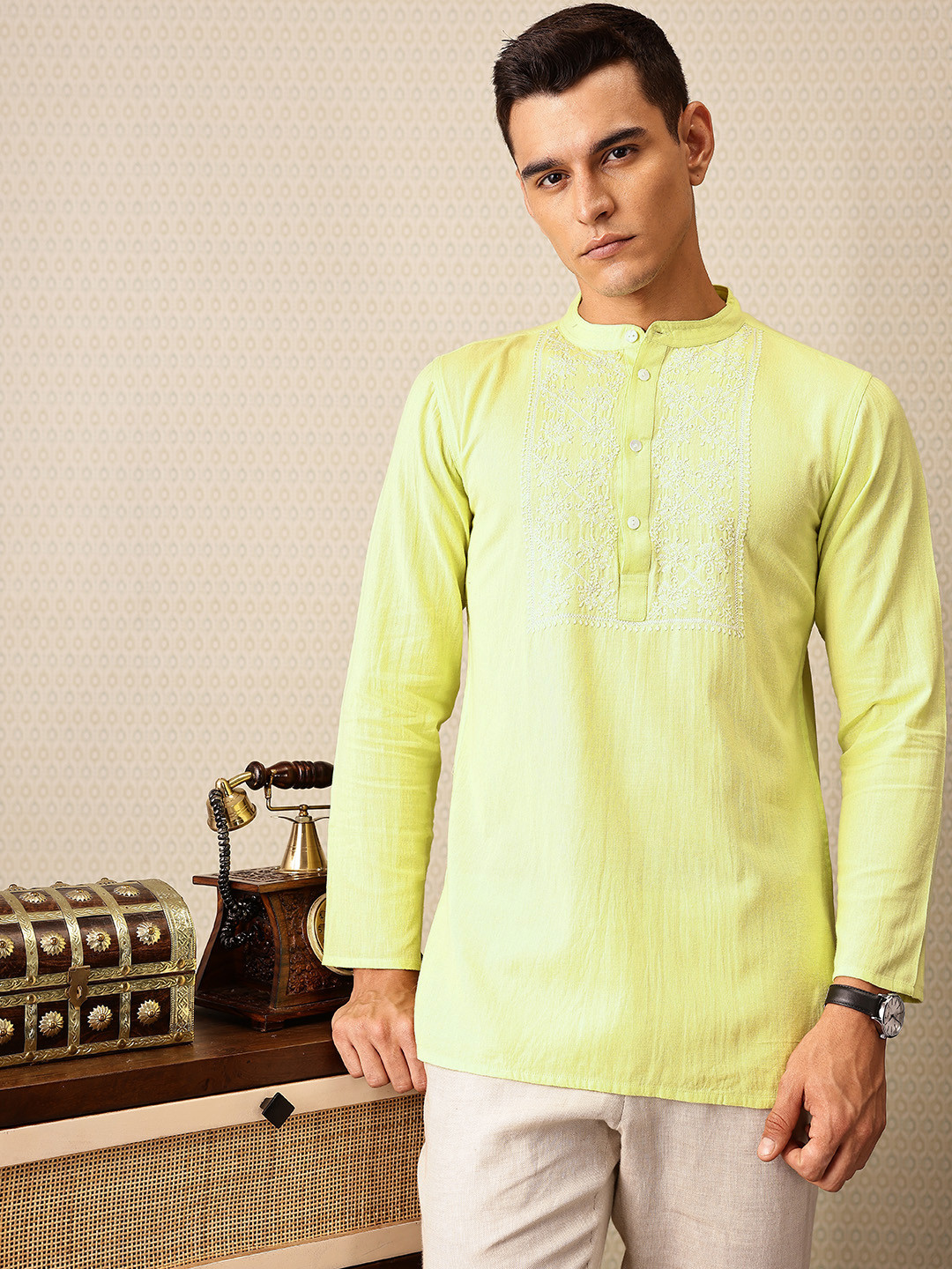 House of Pataudi Chikankari hand embroidered Cotton Linen jashn short kurta
