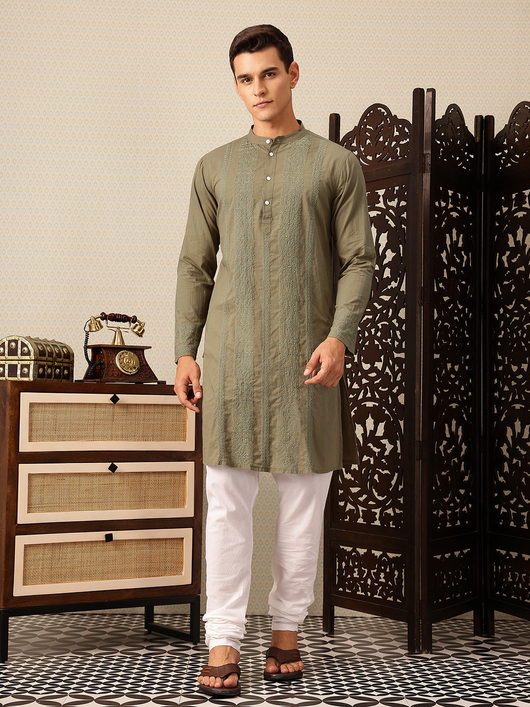 House of Pataudi Hand crafted chikankari pure cotton Jashn kurta paired with offwhite churidar