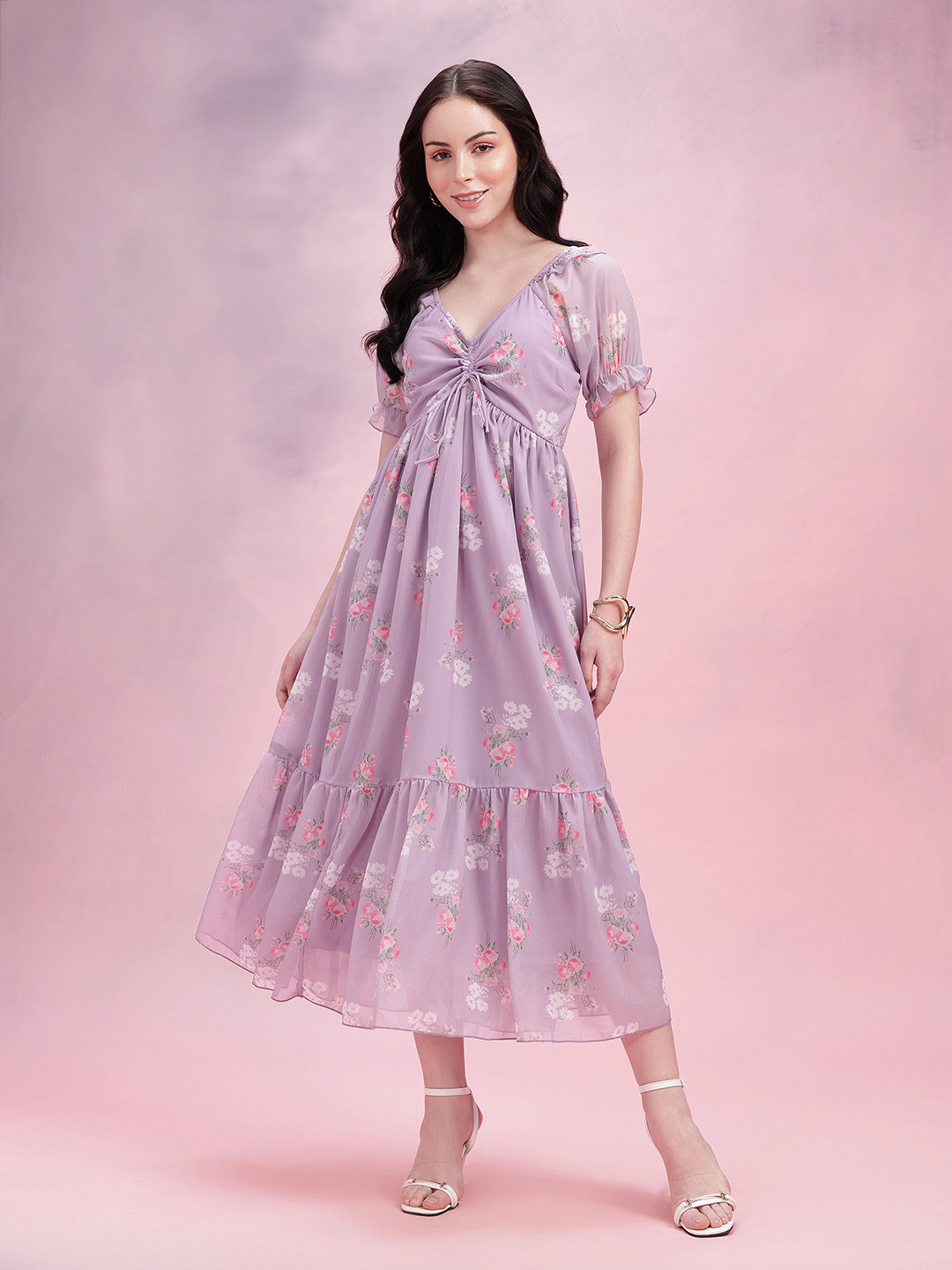 DressBerry Floral Print Ruched Tie-Up A-Line Maxi Dress
