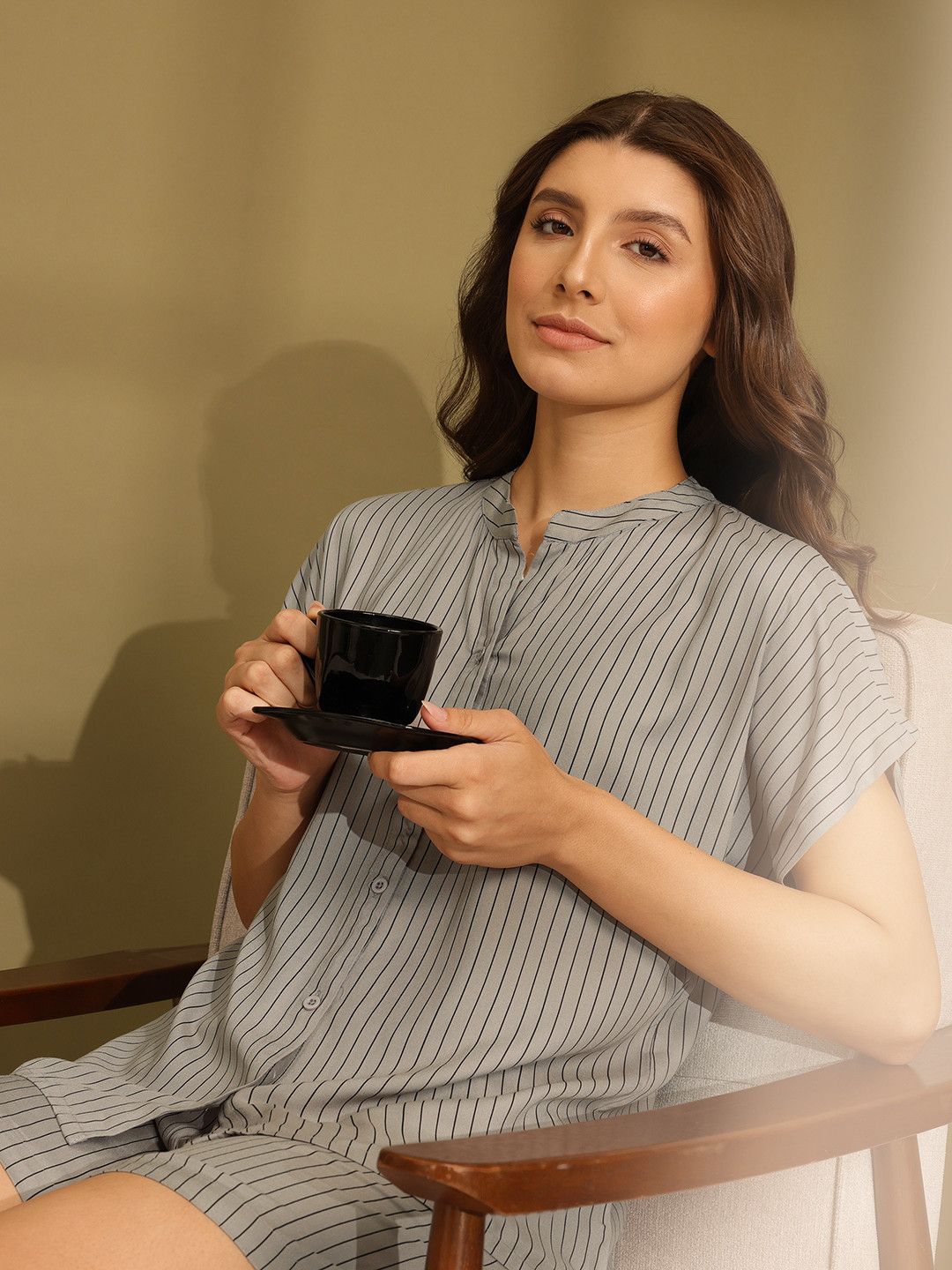 ETC Mandarin Collar Extended Sleeves Striped Night suit