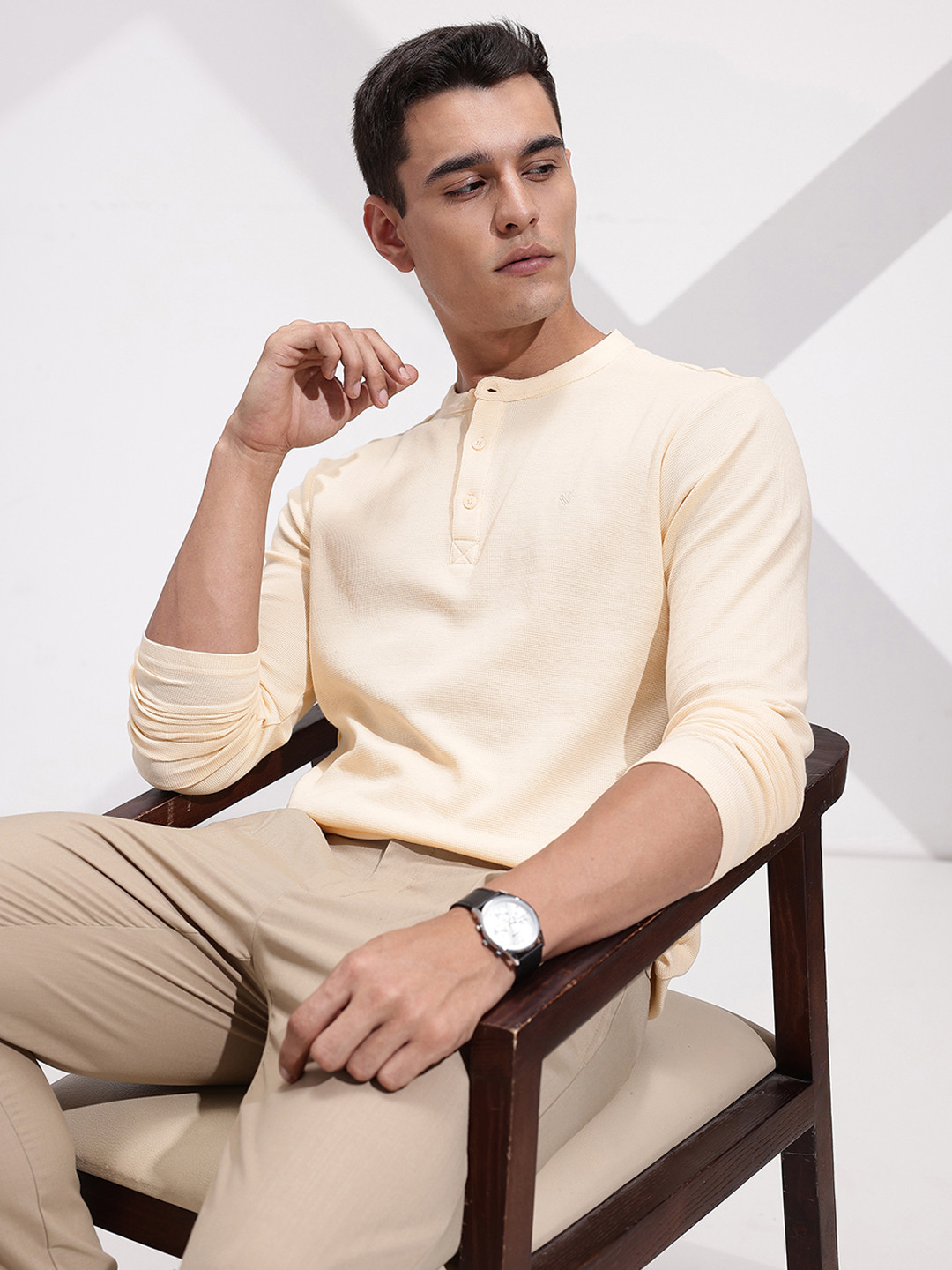 INVICTUS Henley Neck Self-Design Pure Cotton T-shirt
