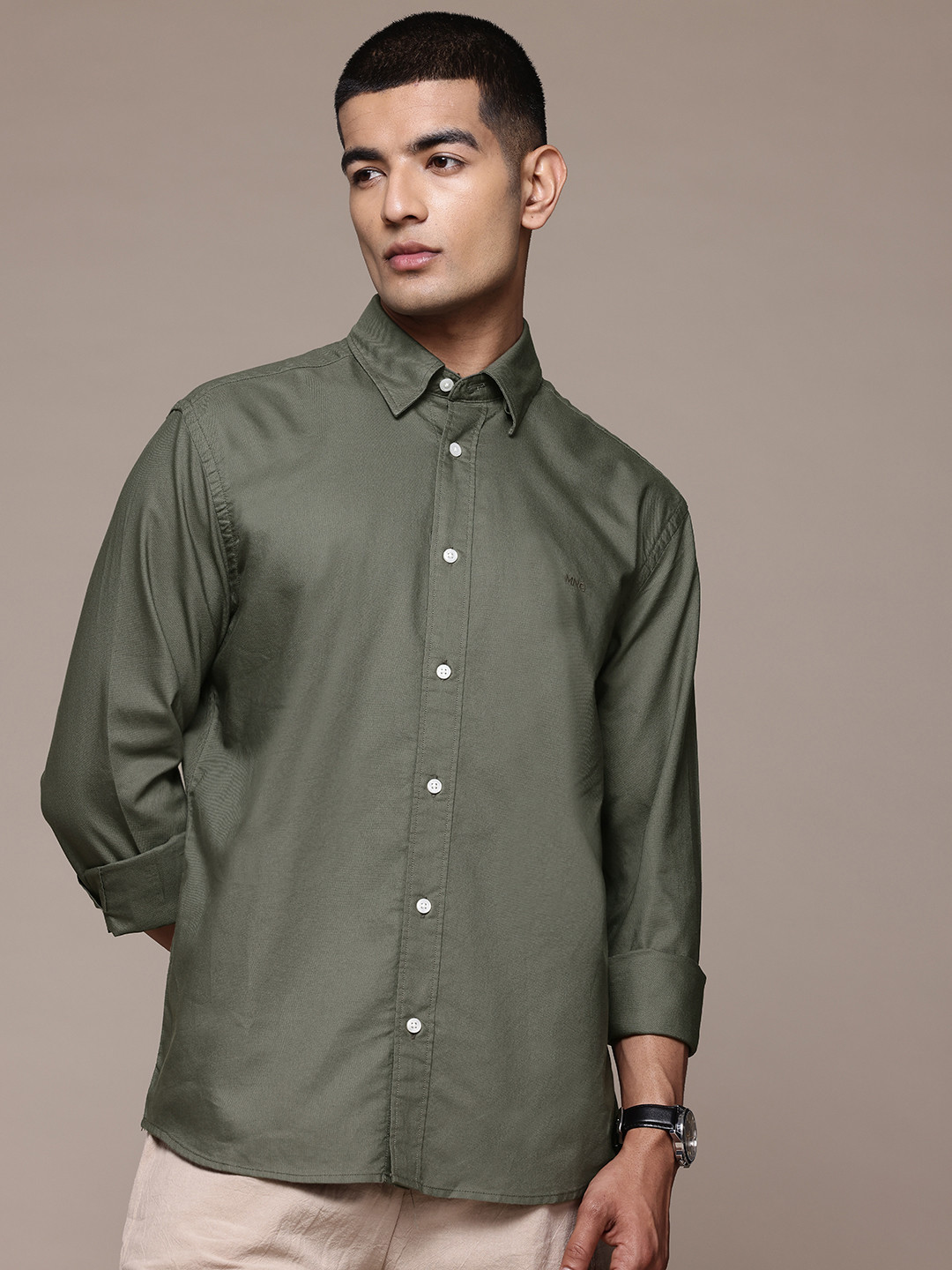 MANGO MAN Pure Cotton Casual Shirt with Embroidered Logo Detail