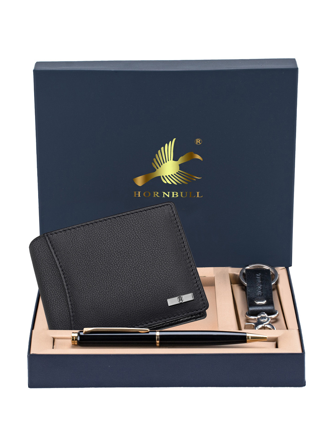 Hornbull Men Themes Black Leather Wallet, Keyring & Pen Combo Accessory Gift Set