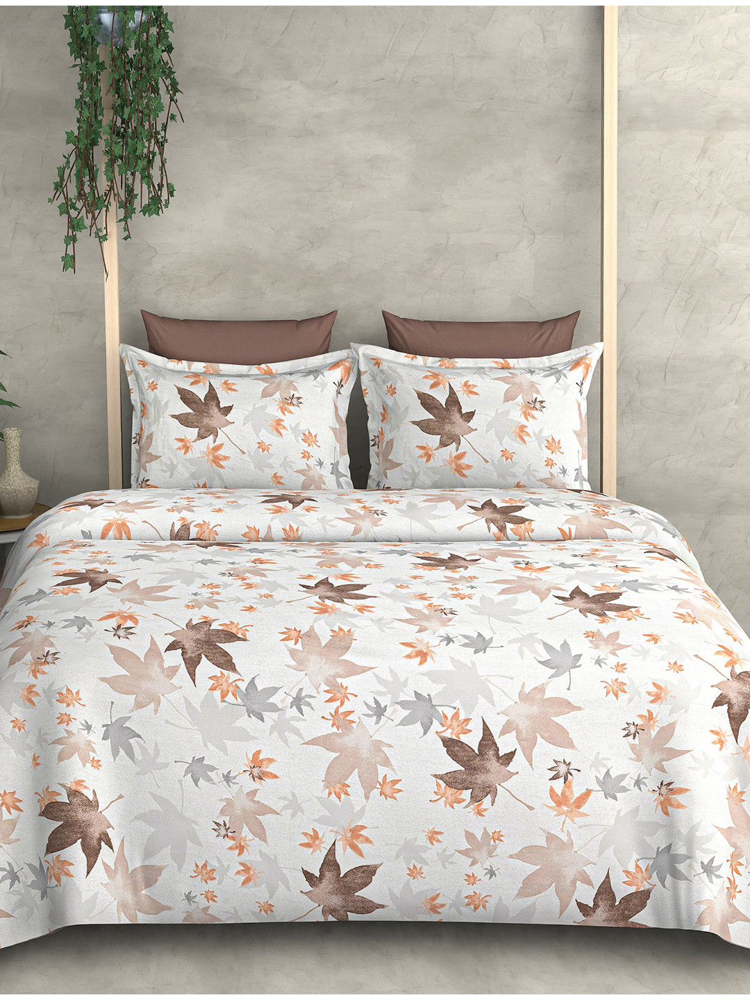 Cortina Cream Leaf Microfiber 140 TC Super King Bedsheet with 2 Pillow Covers-274 x 274 cm