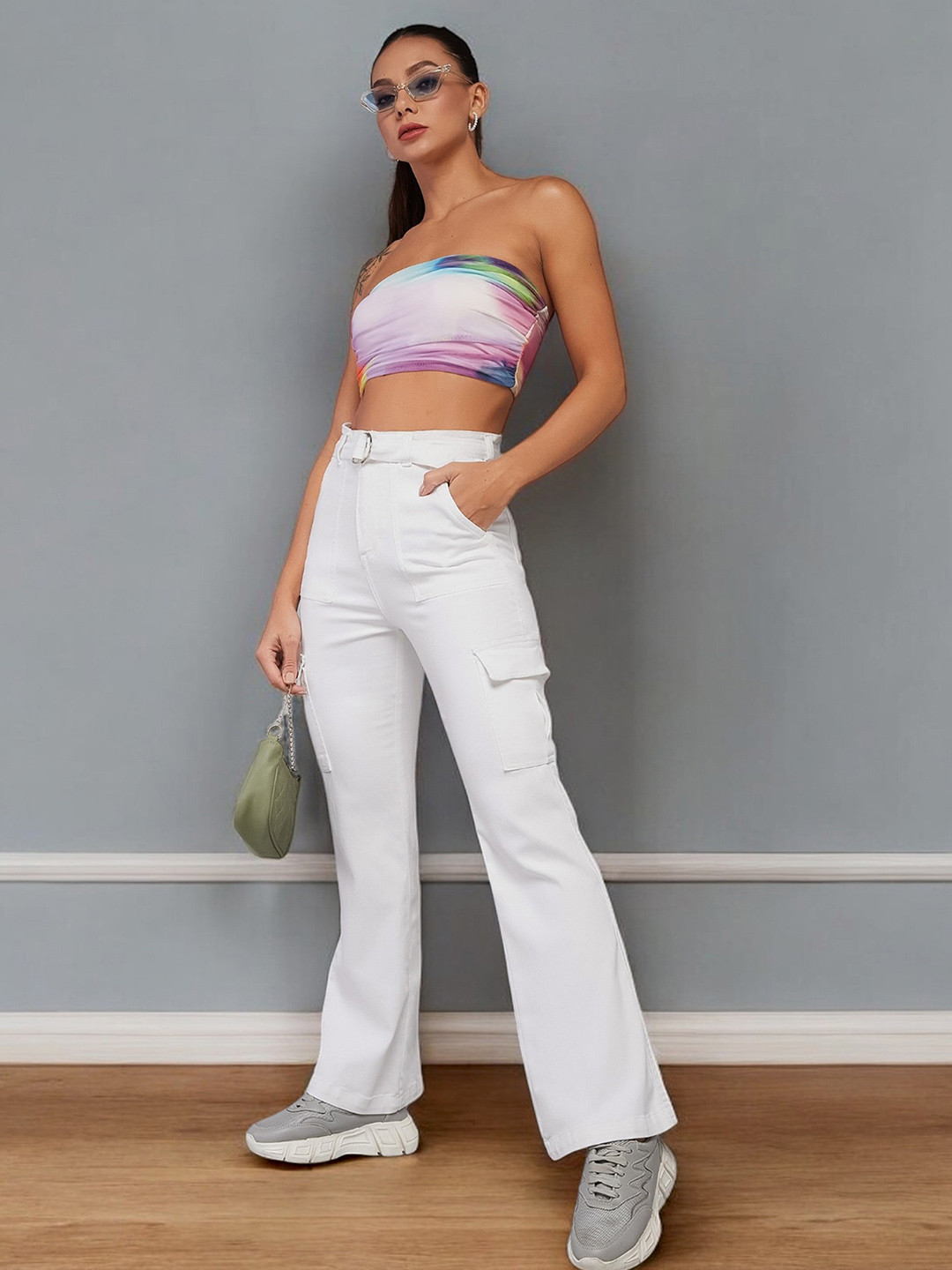 DOLCE CRUDO Saki Shimmer Women High-Rise Bootcut Stretchable Cargo Jeans