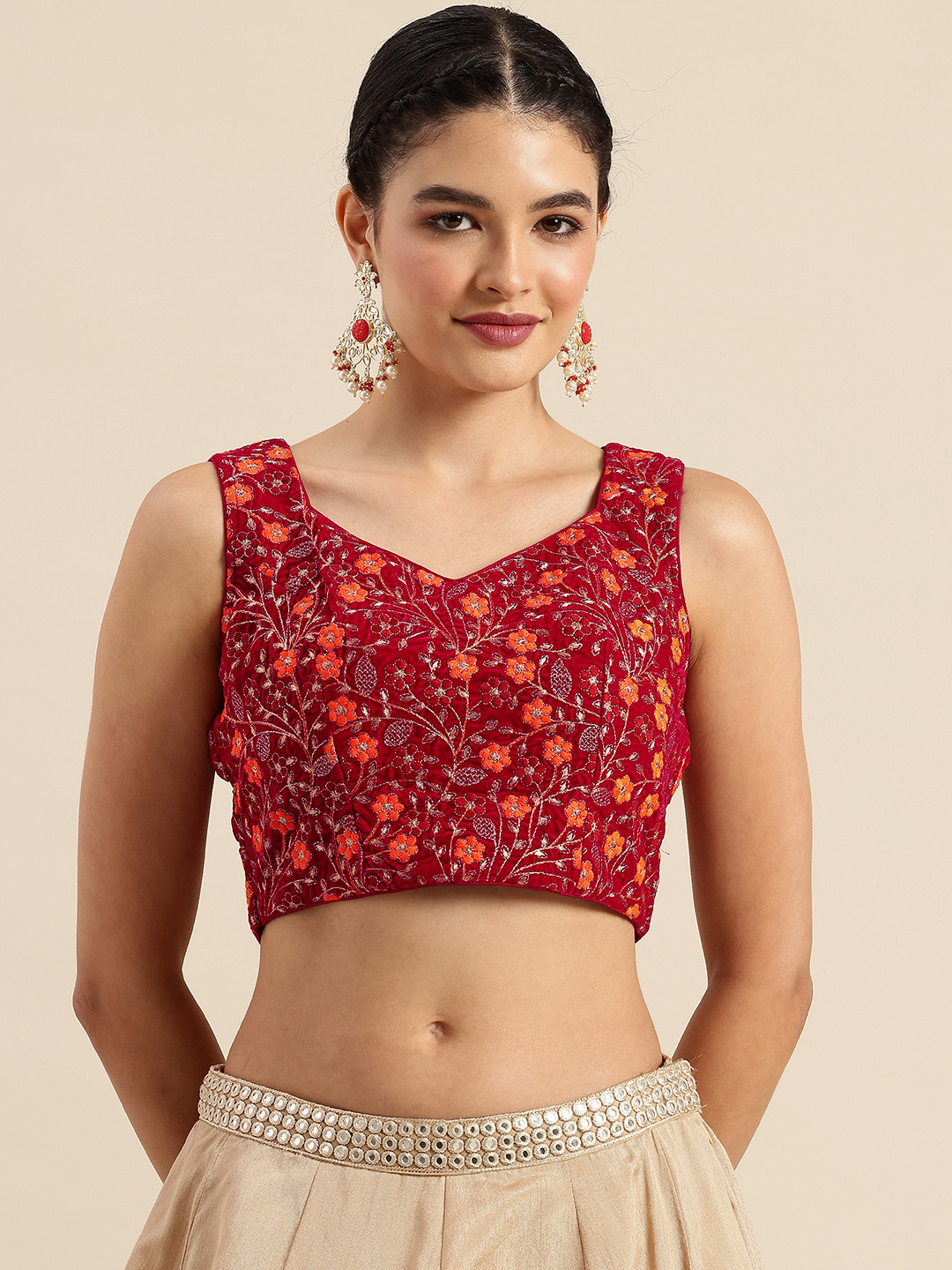 Ethnovog Floral Embroidered Styled Back Ready To Wear Velvet Blouse