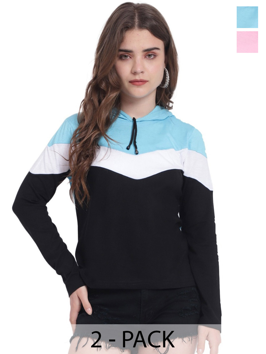DEEPMAYRA COLLECTION Women Pack Of 2 Colourblocked Hood T-shirts