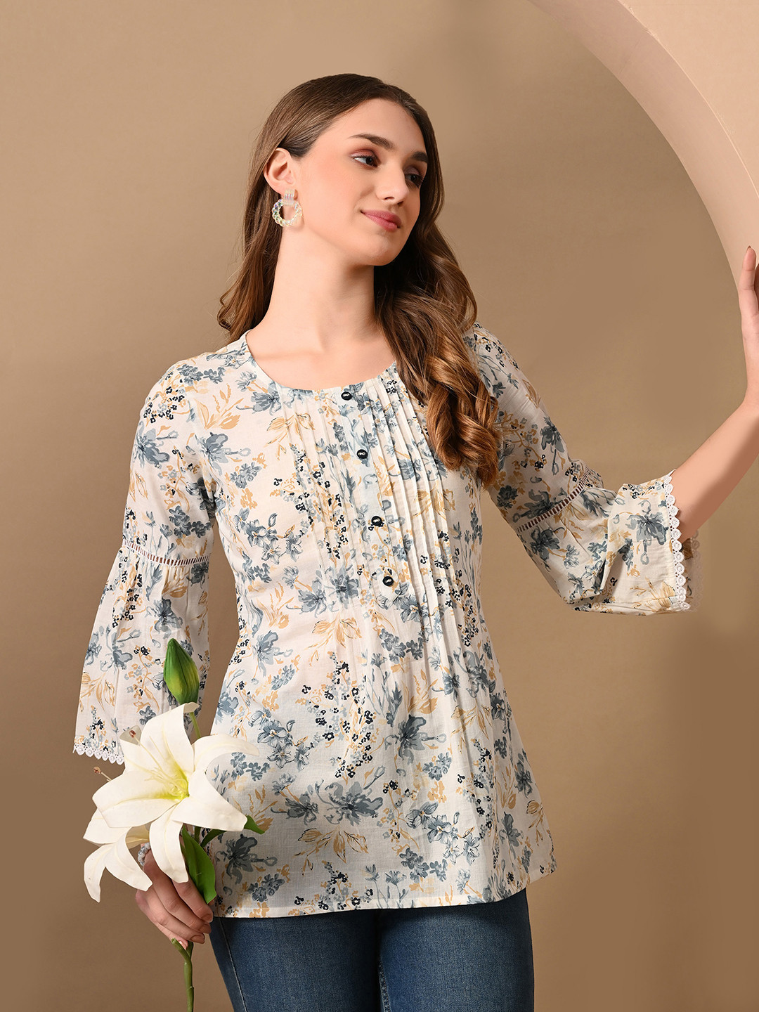 Dipani Floral Print Pin Tucks Bell Sleeves A-Line Top