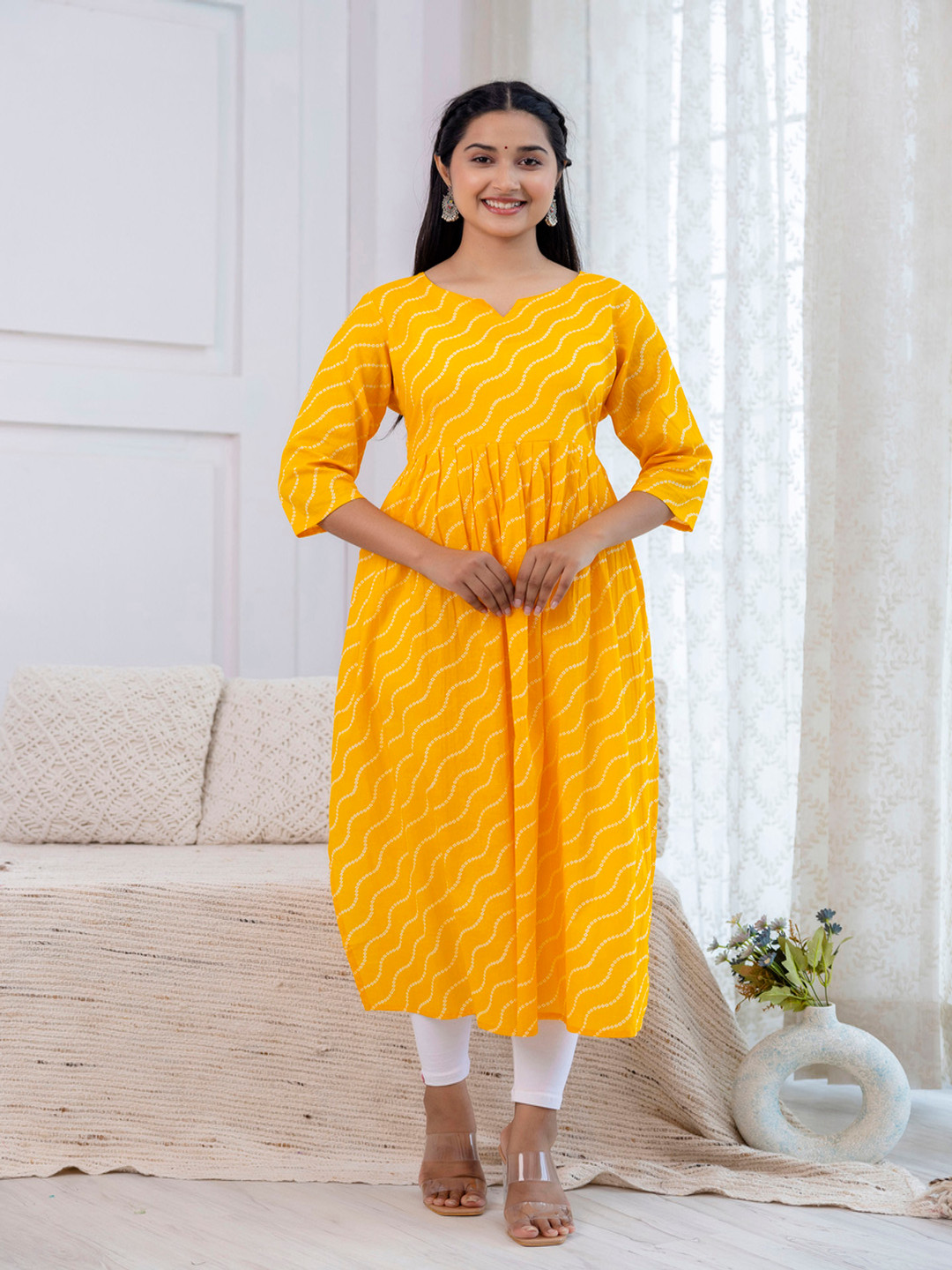 UNIFY FASHION Bandhani Printed Pleated Round Neck Pure Cotton Anarkali Kurta