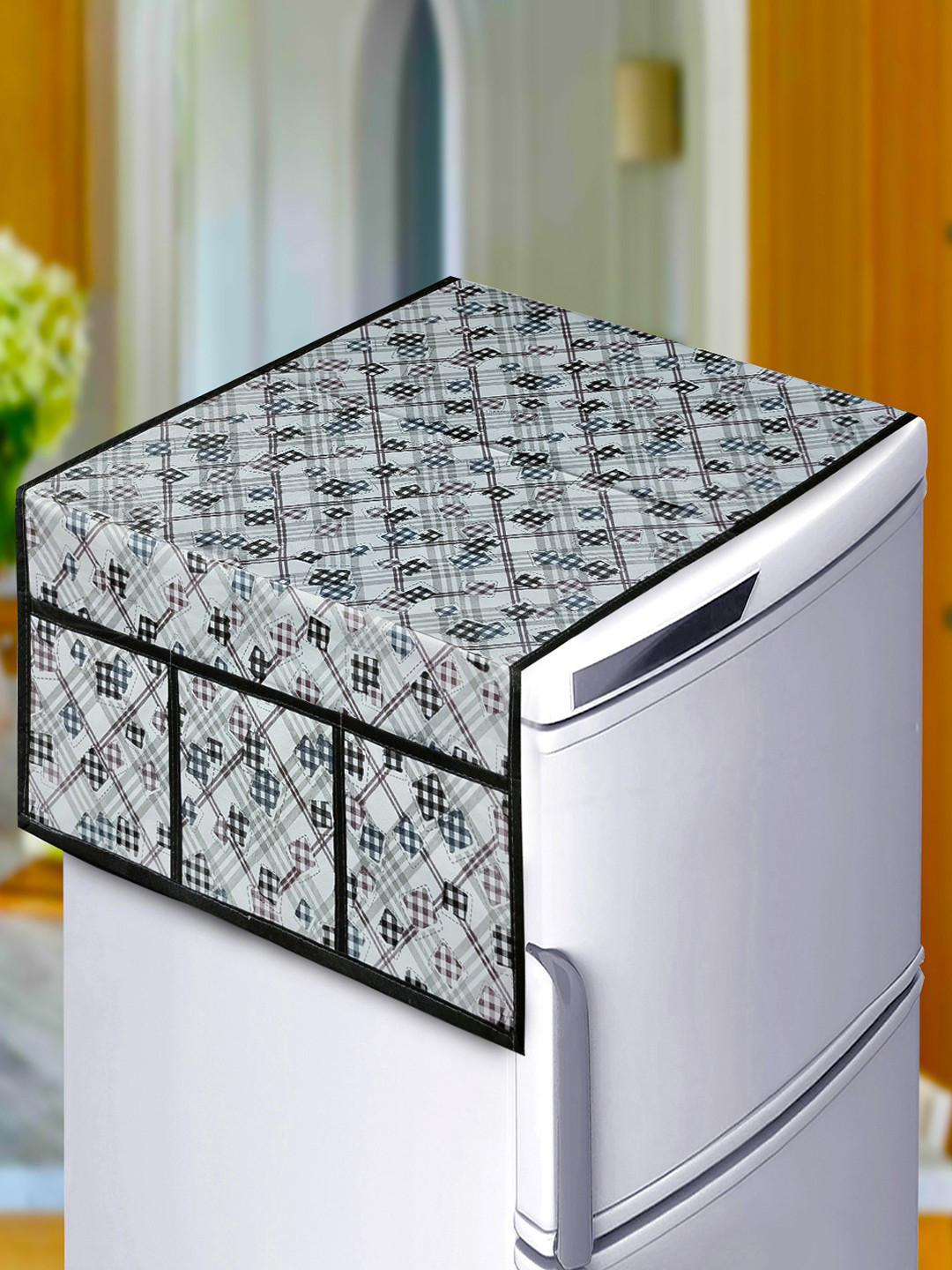KANUSHI INDUSTRIES Grey & Black Printed 100% Waterproof & Dustproof Fridge Top Cover