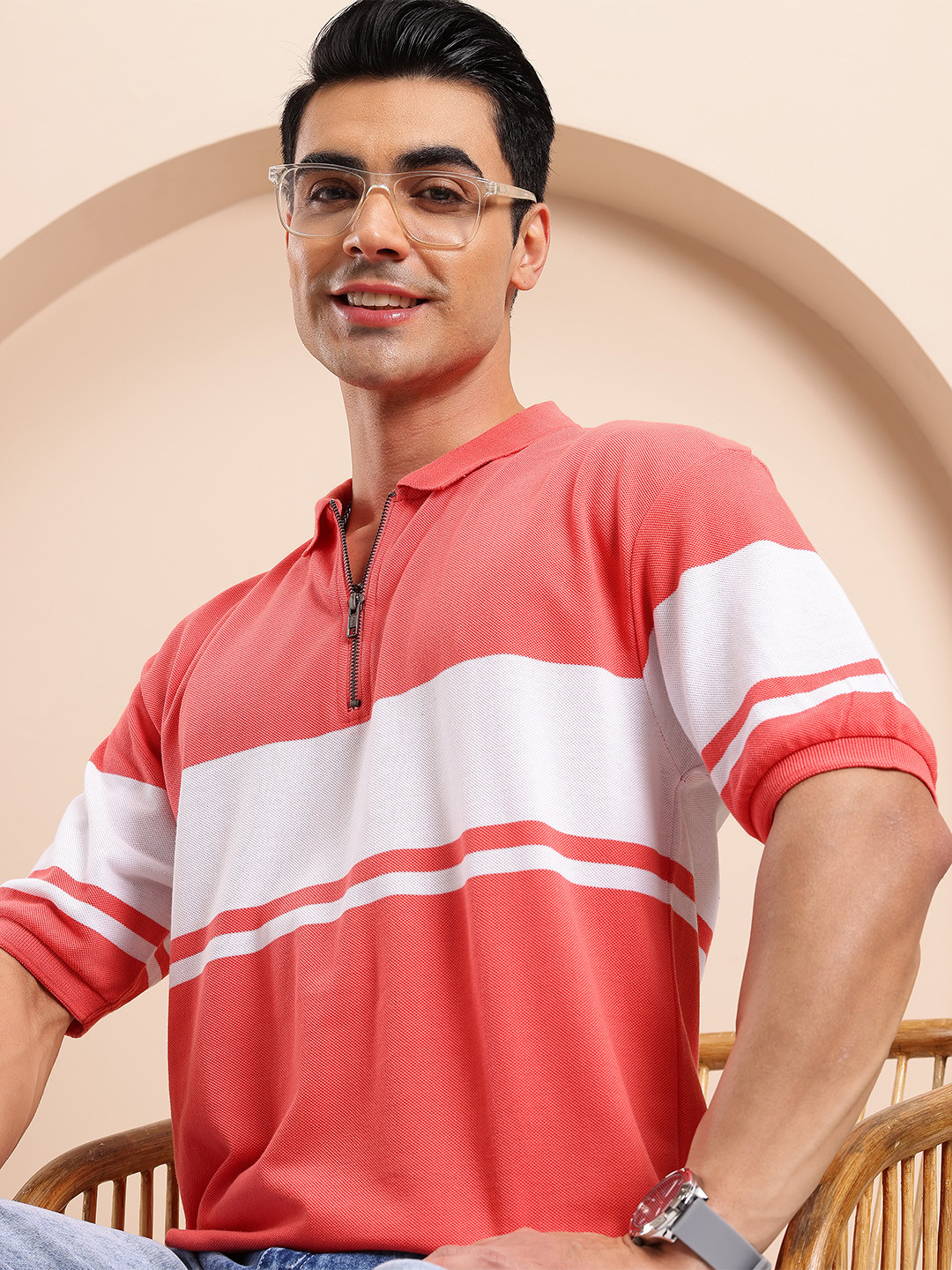 Mast & Harbour Stripe Colourblocked Polo Collar T-shirt