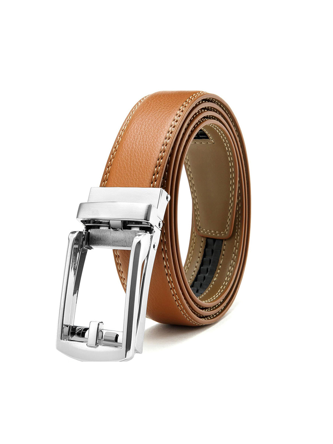 CONTACTS Men Auto Lock Shiny Nickle Light brown Leather Belt