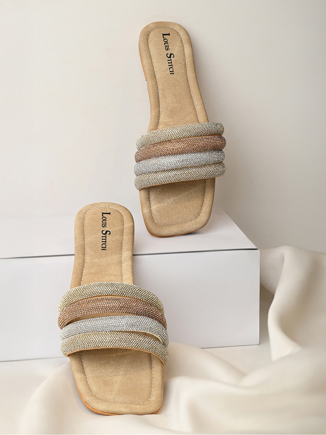 LOUIS STITCH Women Beige Glitter Strap Flat Heel Lightweight Sandals