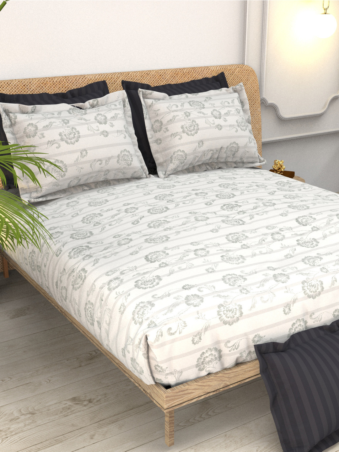 THE WHITE MOSS Christe Luxury White Floral Pure Cotton 220 TC King Fine Bedsheet with 4 Pillow Covers-98 x 108 inches