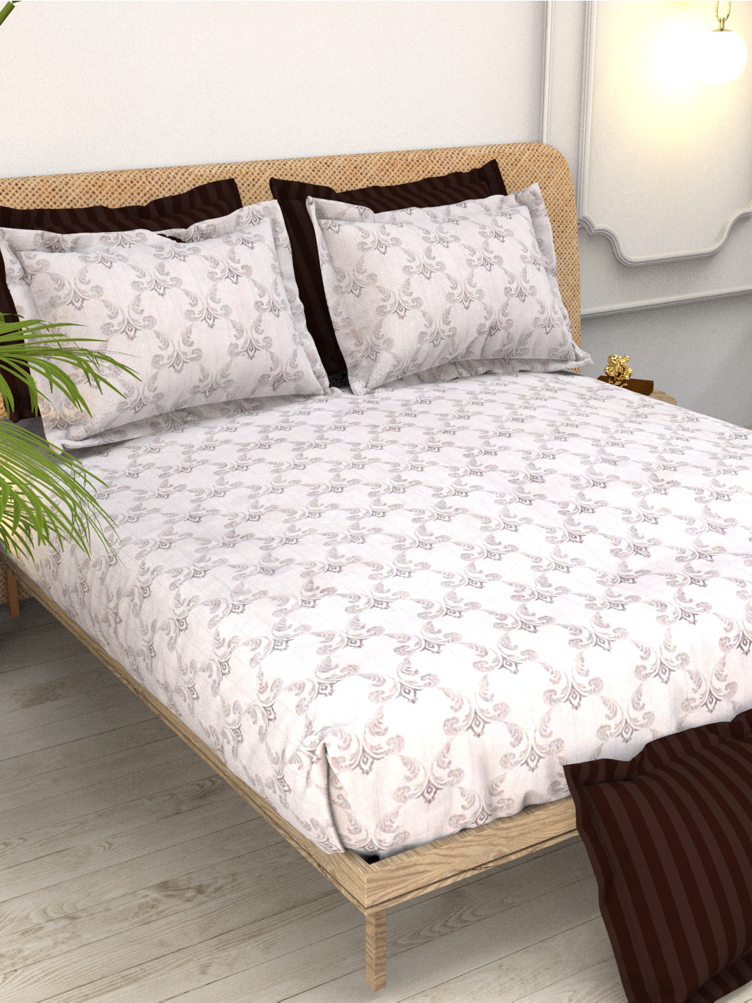 THE WHITE MOSS Christe White Ethnic Motifs Cotton 220 TC King Fine Bedsheet with 2 Pillow Covers-108 x 98 inches