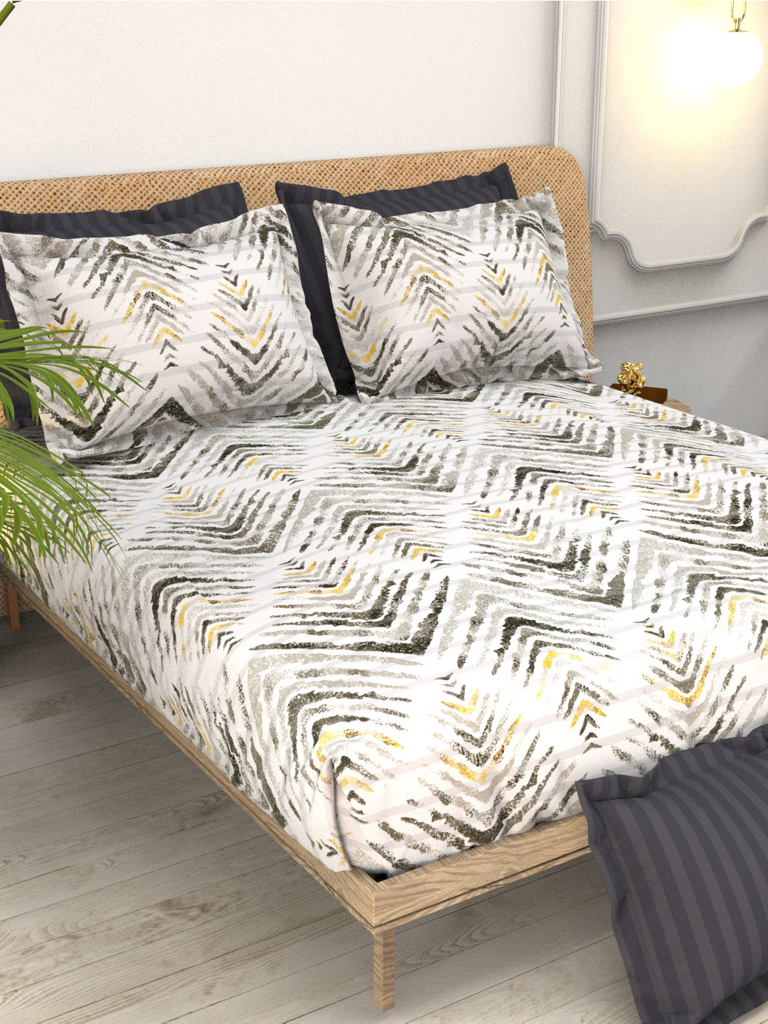 THE WHITE MOSS Christe White Geometric Pure Cotton 220 TC King Fine Bedsheet with 2 Pillow Covers-108 x 98 inches
