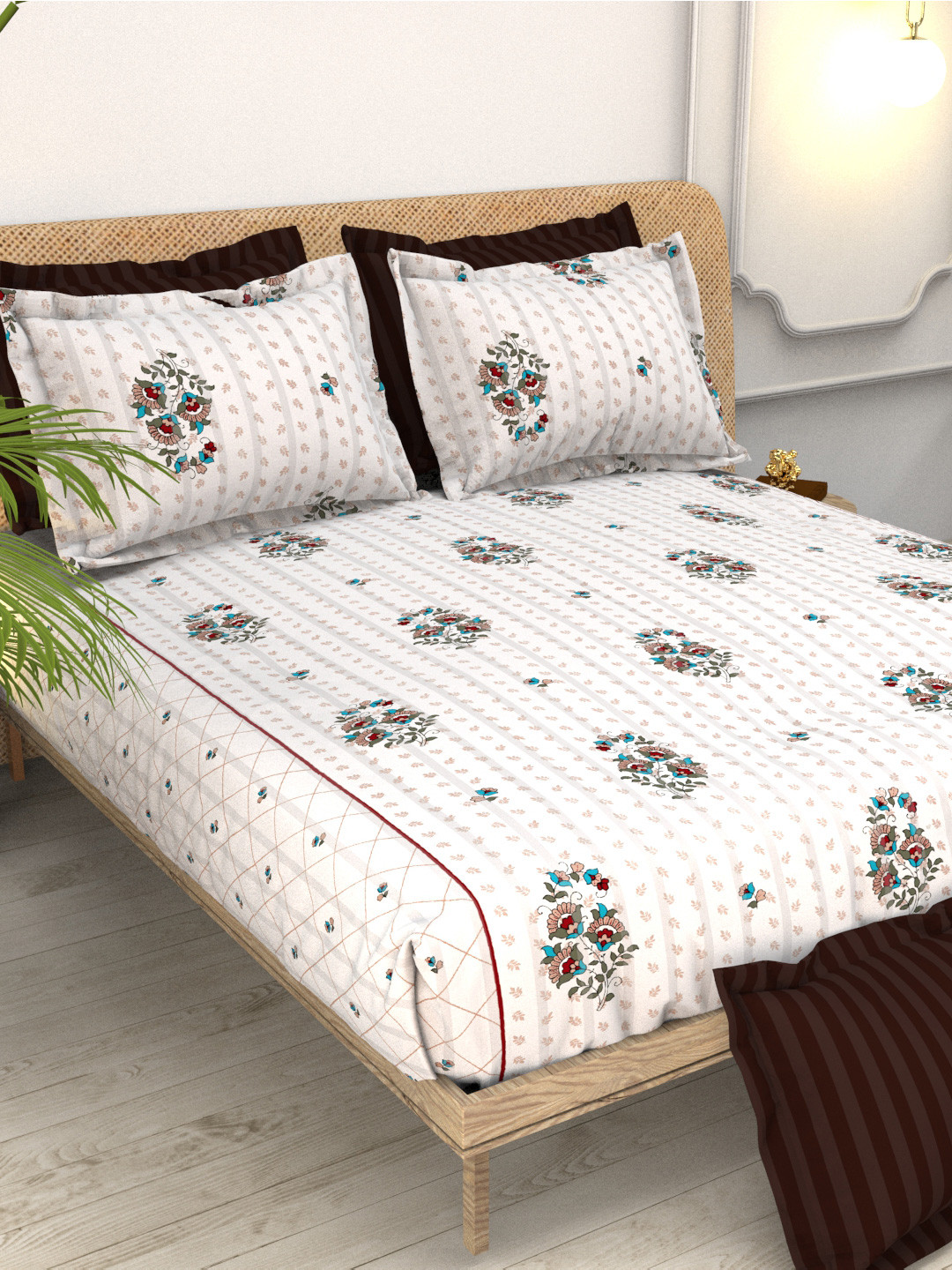 THE WHITE MOSS Christe White Floral Pure Cotton 220 TC King Fine Bedsheet with 4 Pillow Covers-98 x 108 inches