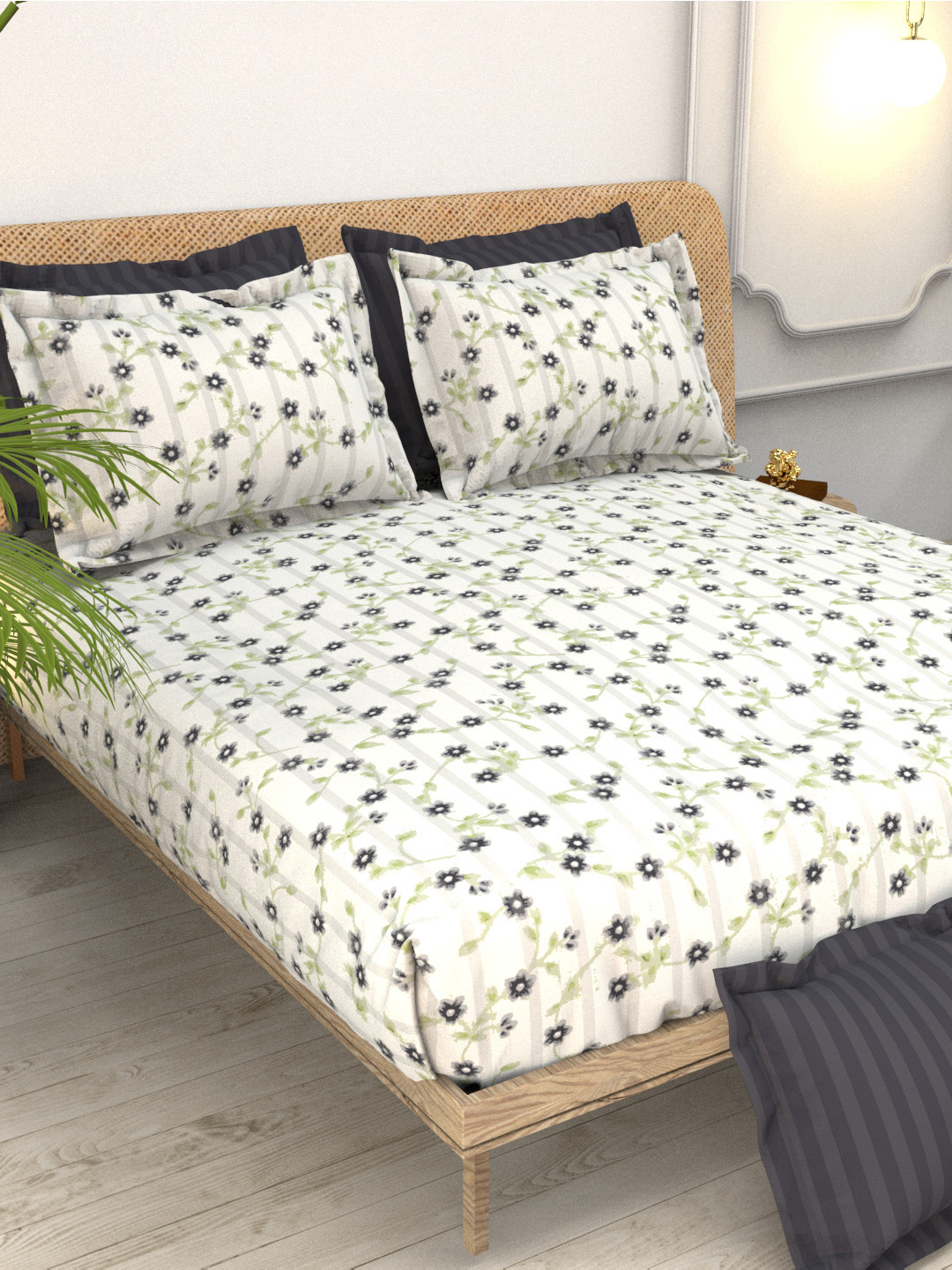 THE WHITE MOSS Christe White Floral Cotton 220 TC King Fine Bedsheet with 4 Pillow Covers-98 x 108 inches