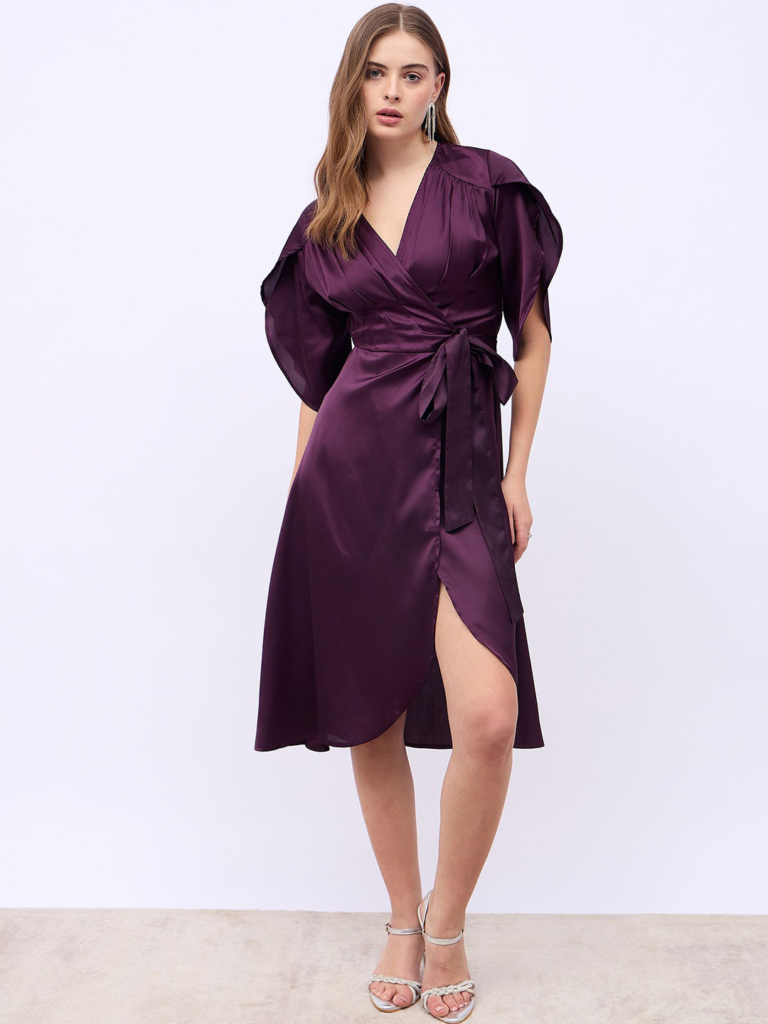 Styli Women V-Neck Wrap Midi Dress with Flared Sleeves