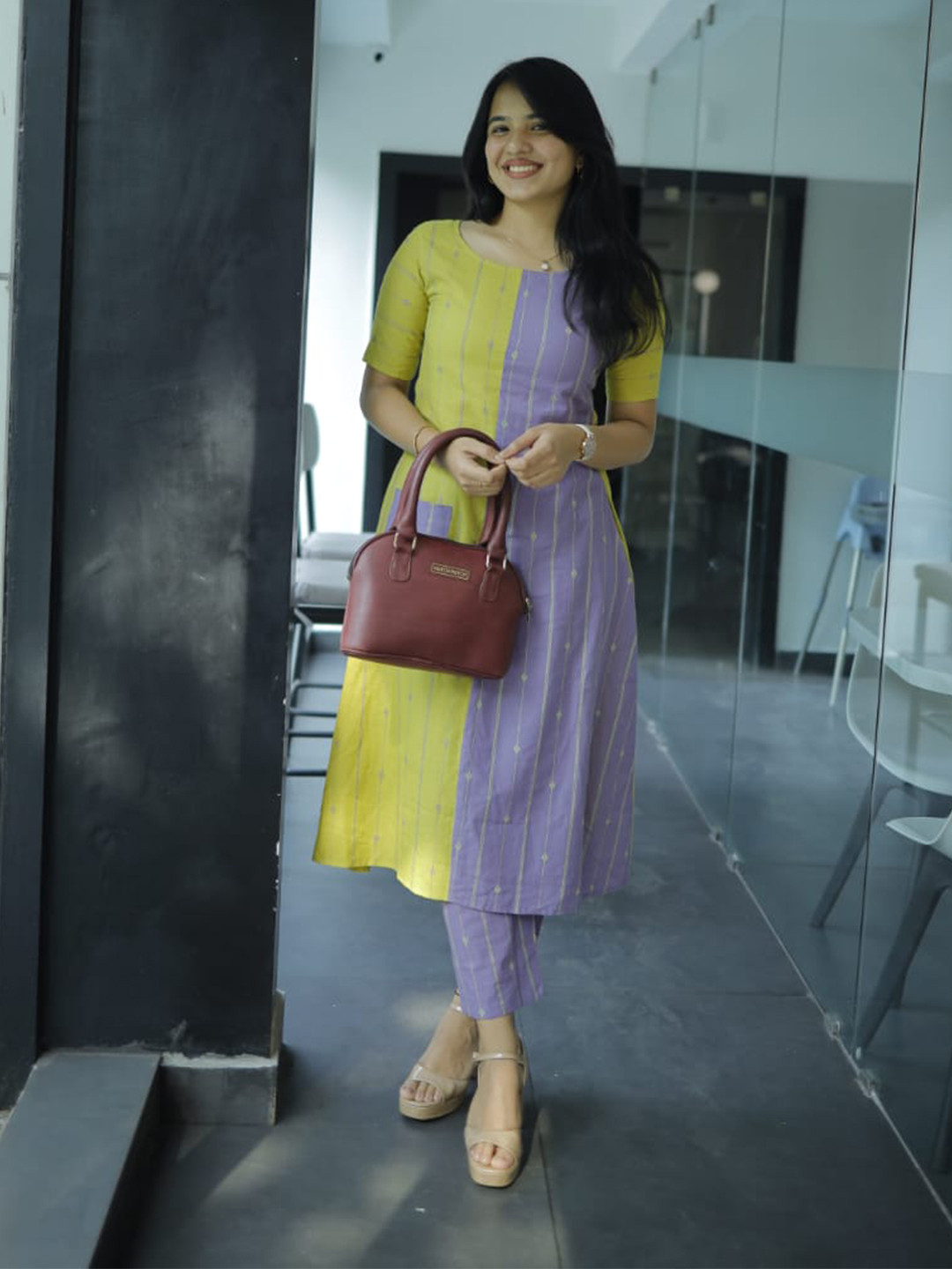 GoSriKi Etnic Motifs Printed A-Line Fusion Kurta with Trousers