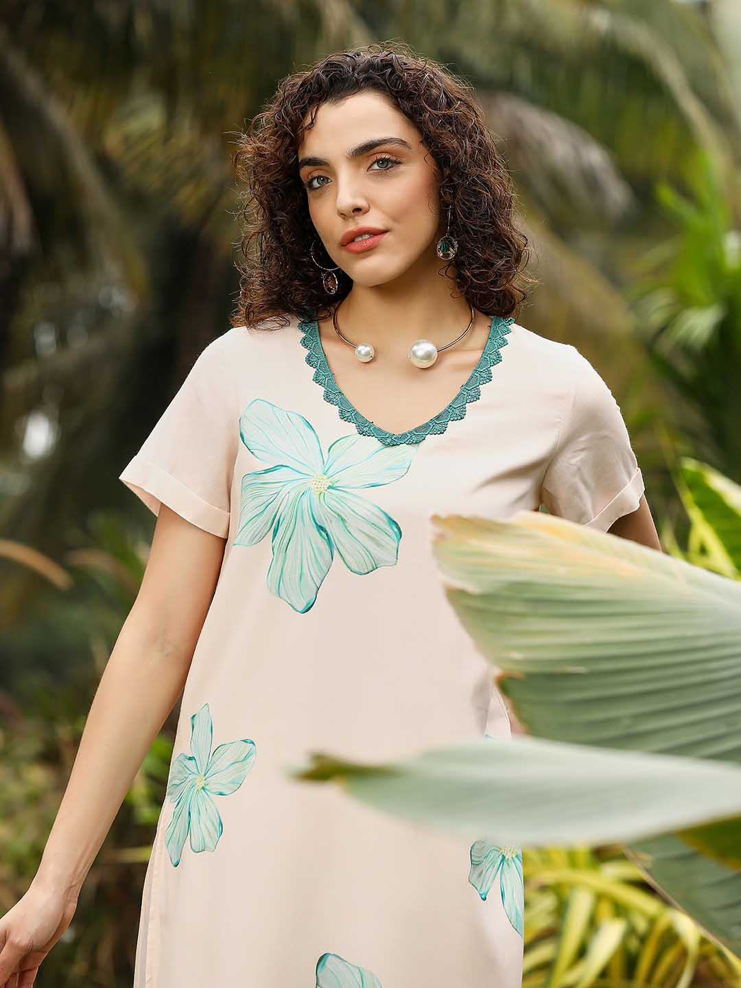 QISSA Pink Floral Printed Straight Kurta with Trousers Set