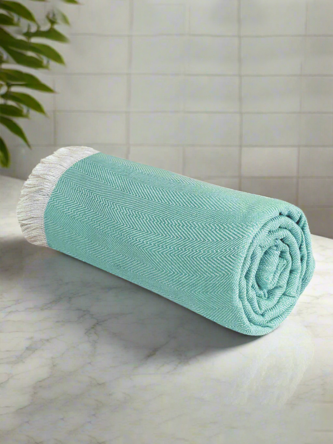 Heelium Teal and White Striped Printed Bamboo 250 GSM Bath Towel