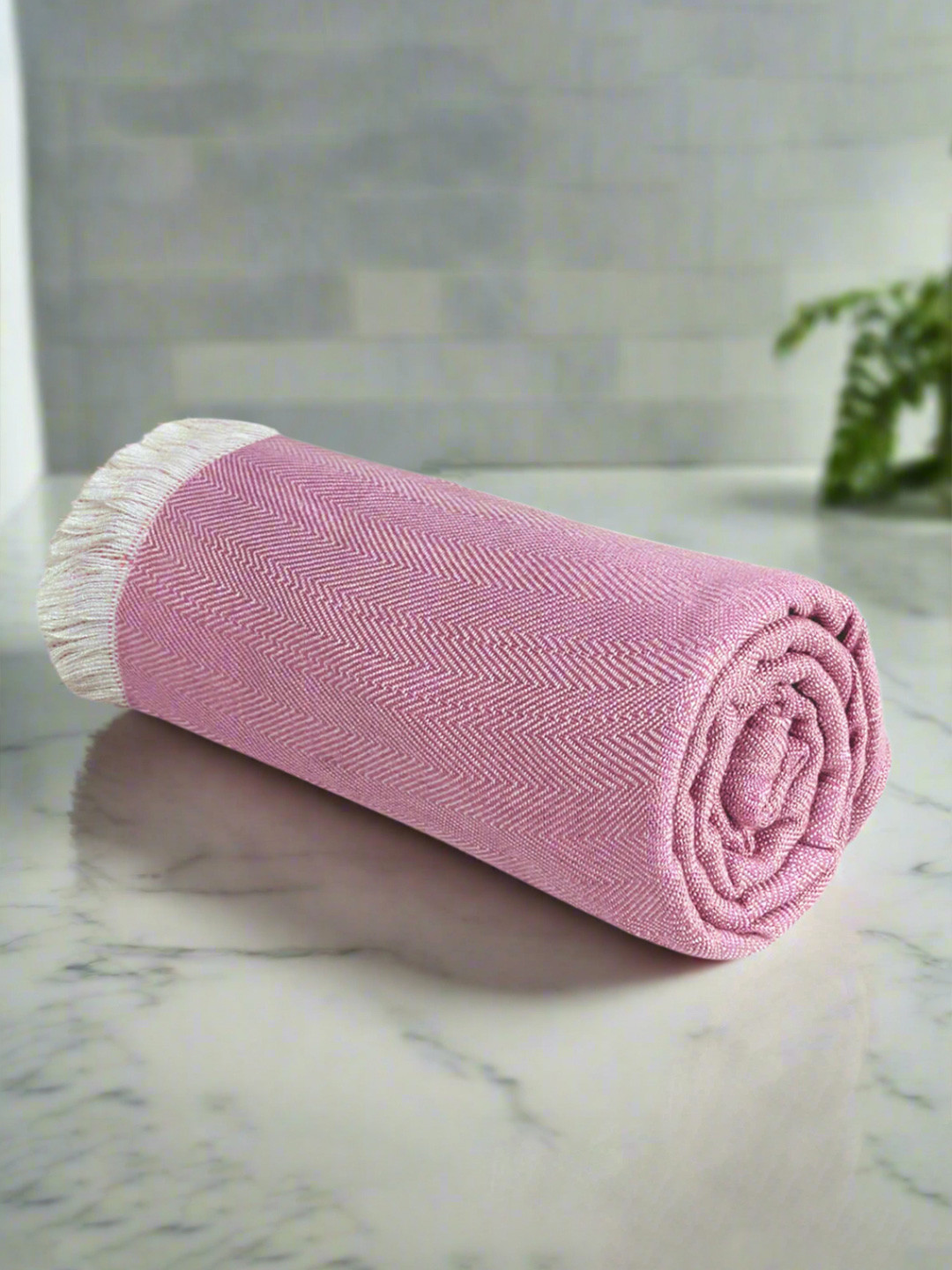 Heelium Peach-Coloured and White Striped Bamboo 250 GSM Bath Towel