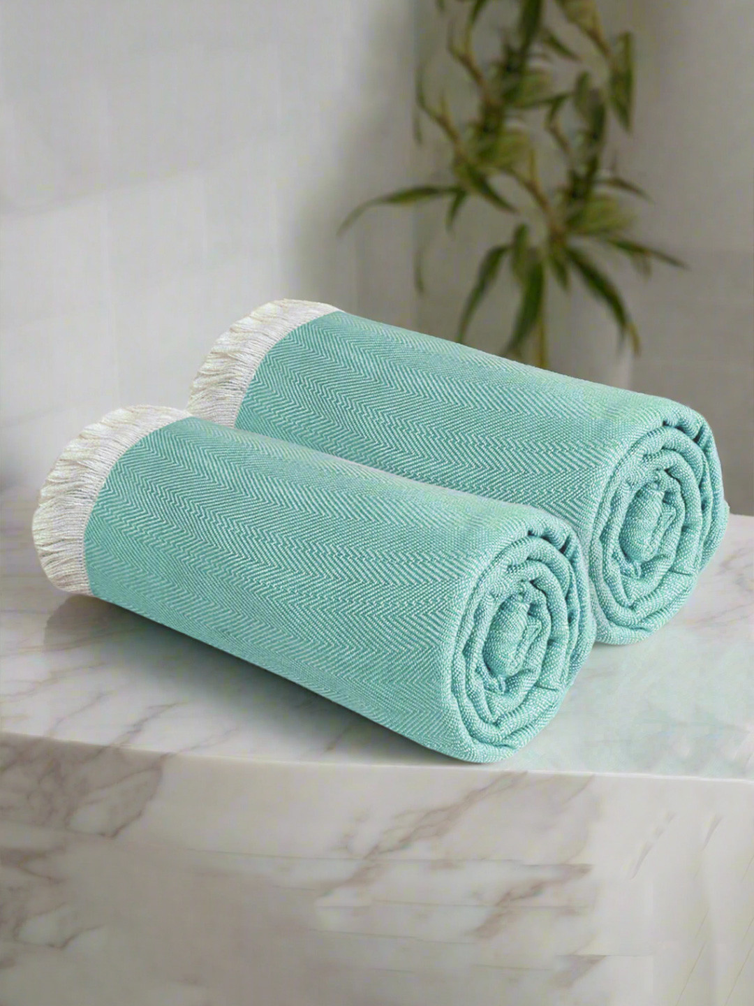 Heelium Teal and White 2 Pieces Striped Bamboo 250 GSM Bath Towels