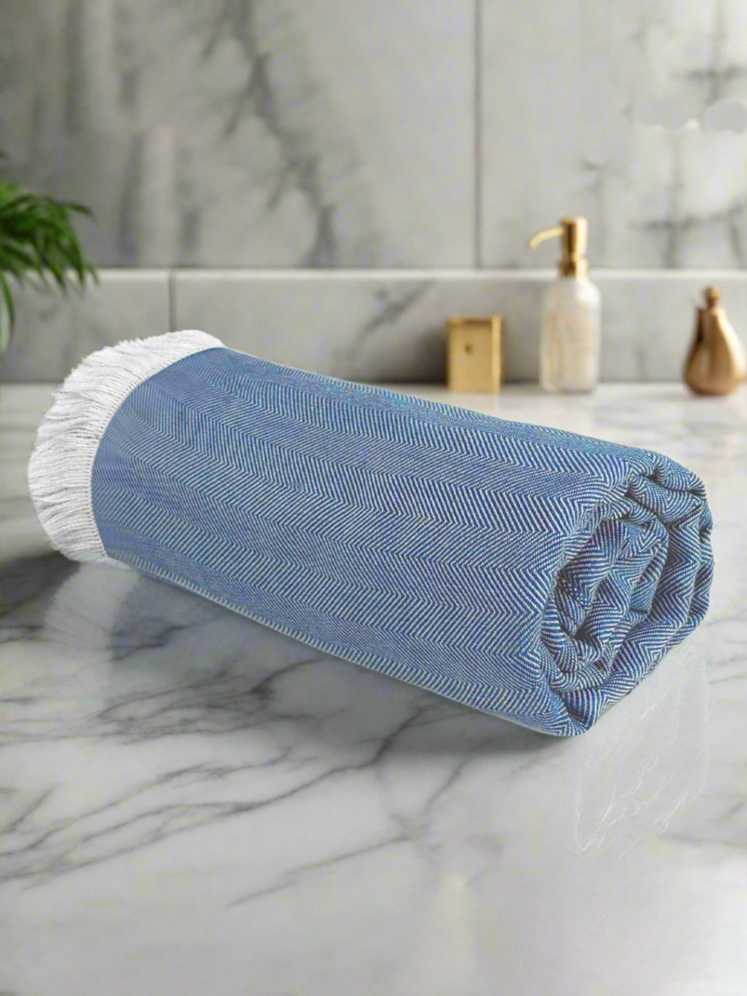 Heelium Navy Blue Striped Printed Bamboo 250 GSM Bath Towel