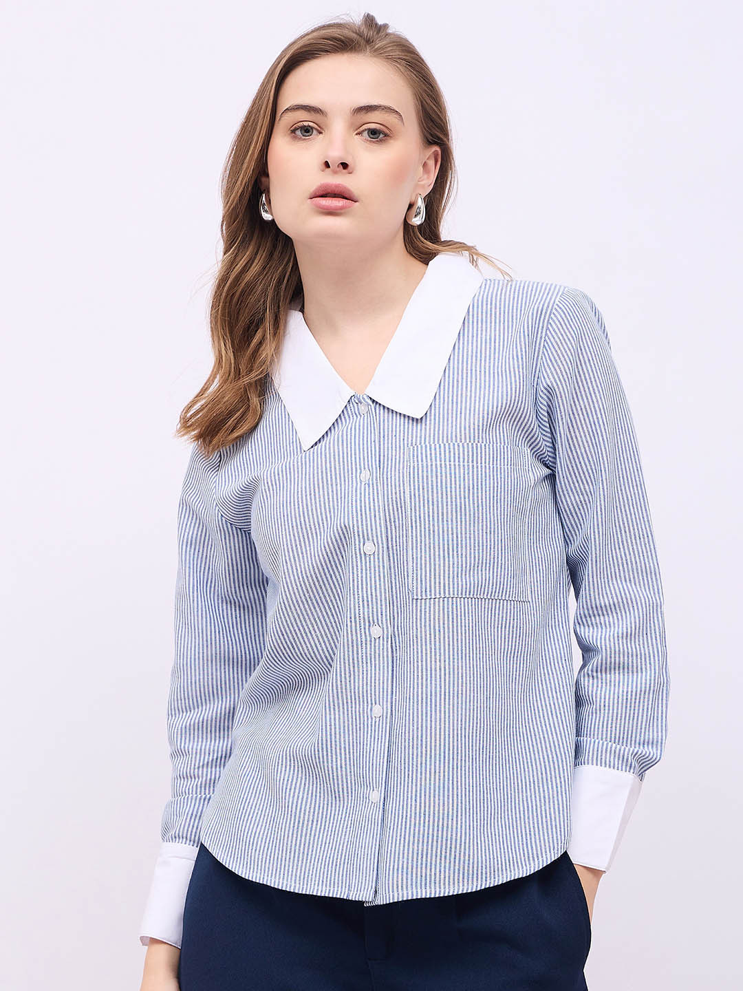 Styli Women Blue Striped Peter Pan Collar Cuffed Sleeves Casual Shirt