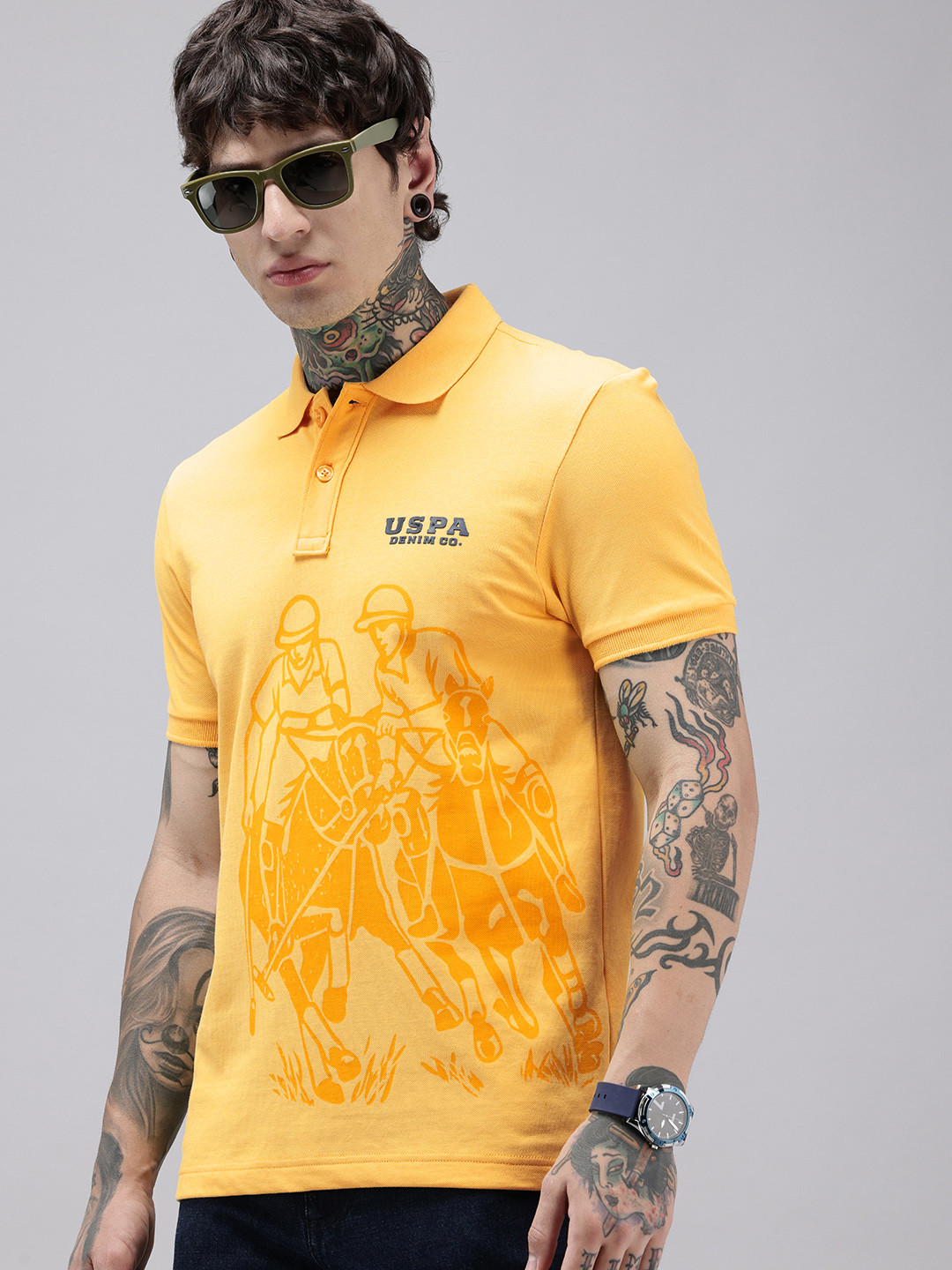U.S. Polo Assn. Denim Co. Pure Cotton Graphic Printed Polo Collar Slim Fit T-shirt