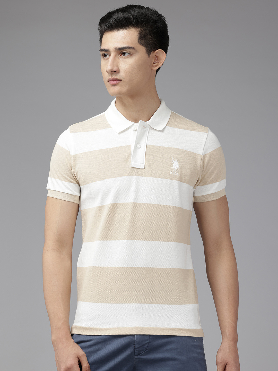 U.S. Polo Assn. Men Striped Polo Collar Pure Cotton Slim Fit T-shirt