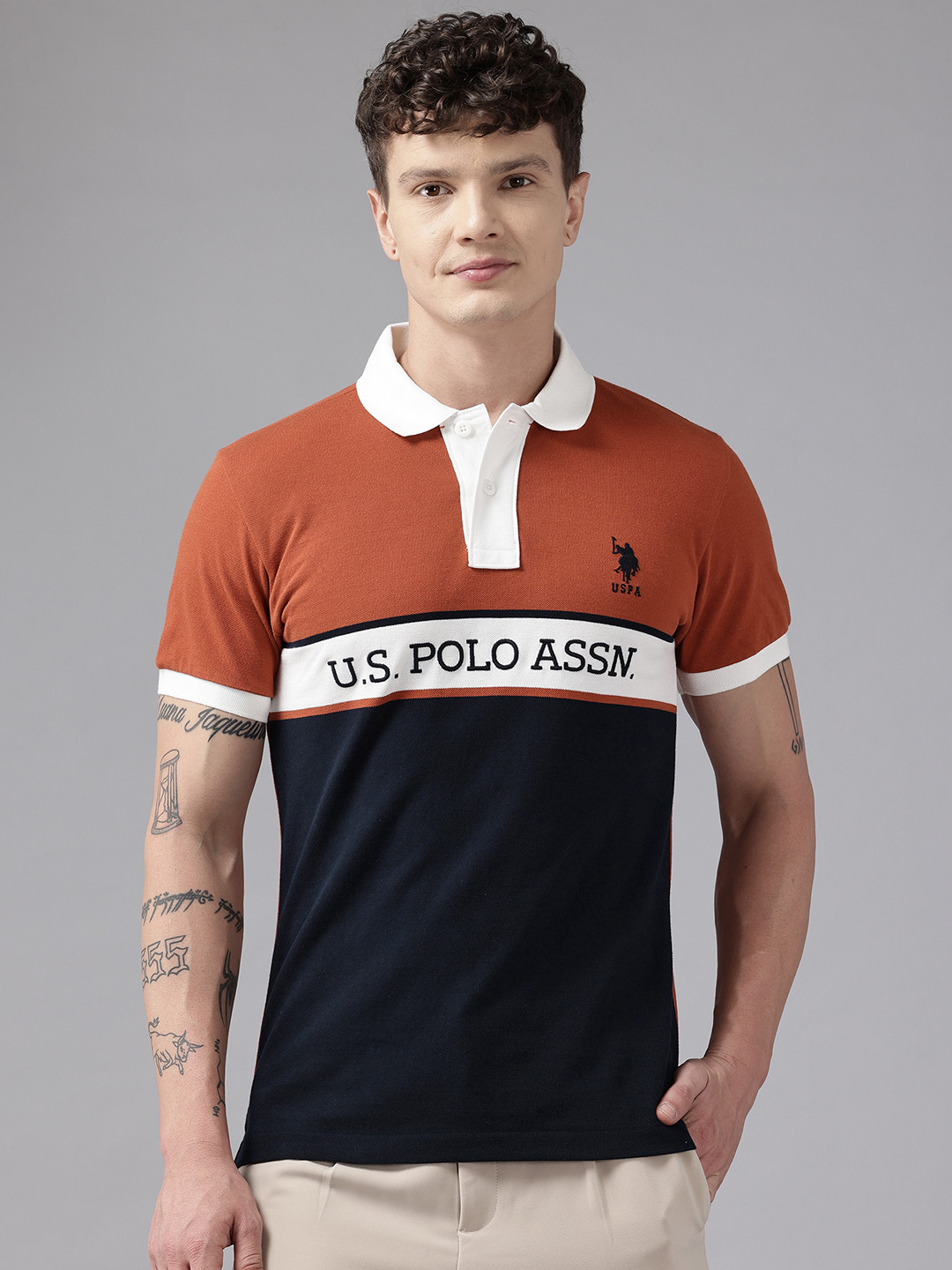 U.S. Polo Assn. Men Colourblocked Polo Collar Pure Cotton Slim Fit T-shirt