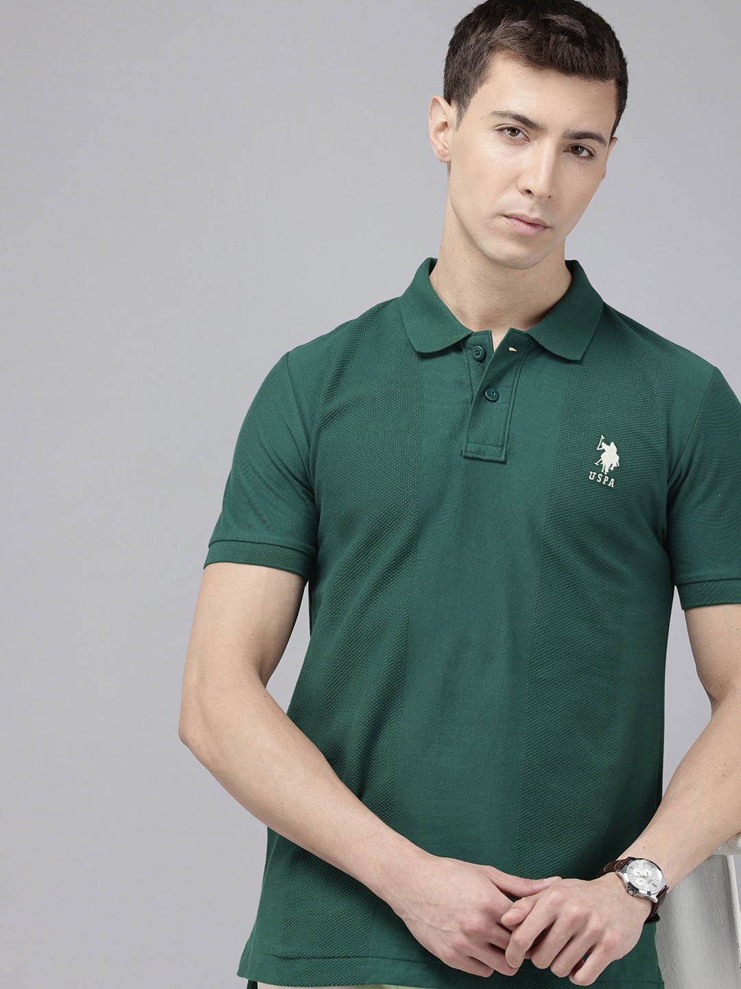 U.S. Polo Assn. Self Designed Polo Collar Pure Cotton Slim Fit T-shirt