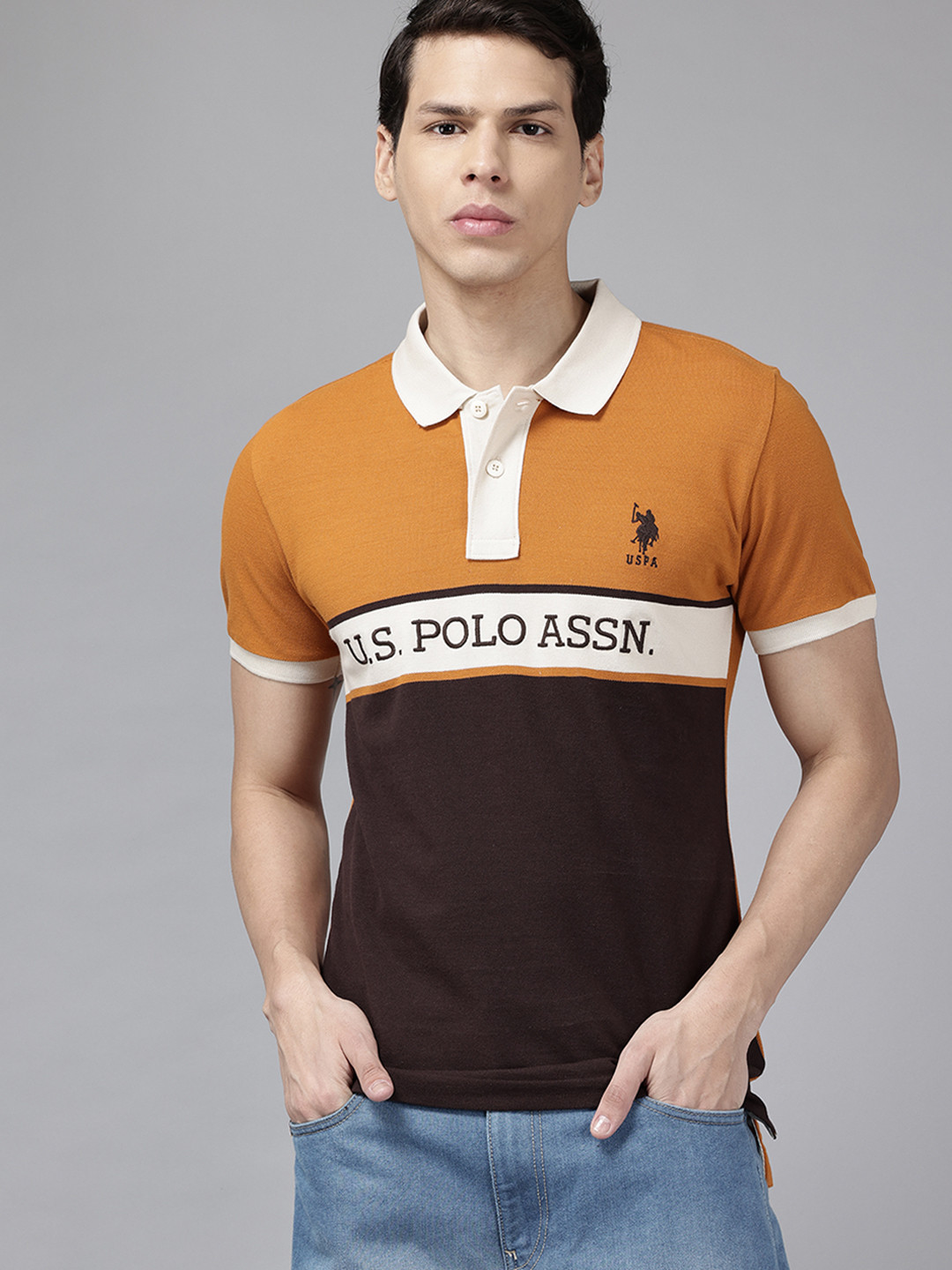 U.S. Polo Assn. Men Colourblocked Pure Cotton Slim Fit T-shirt