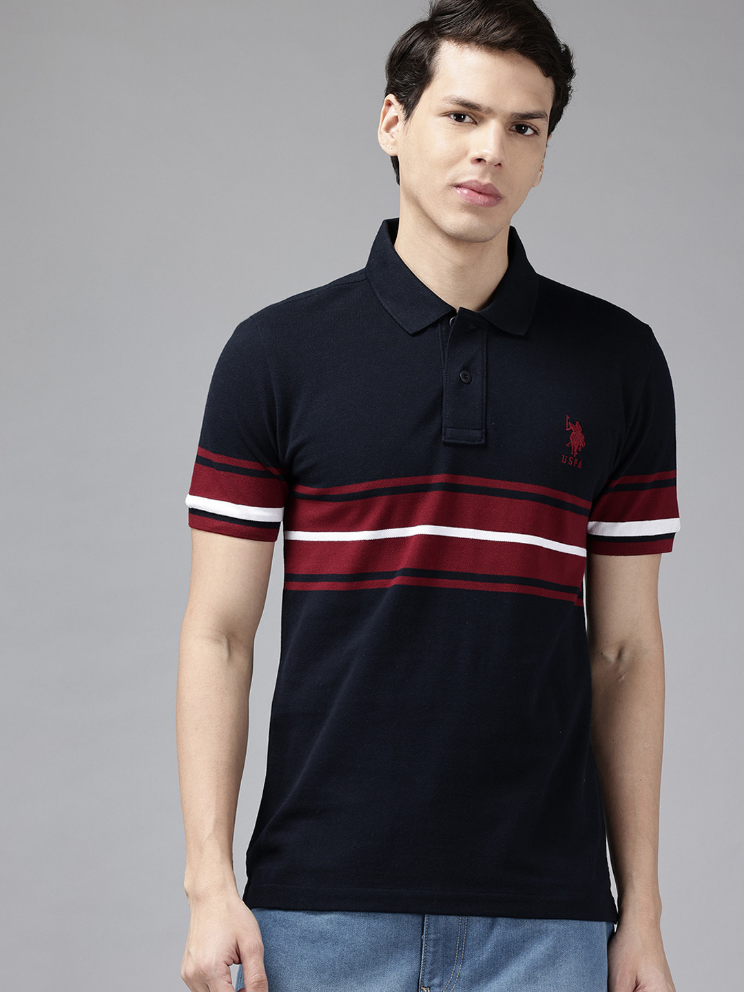 U.S. Polo Assn. Men Striped Pure Cotton Slim Fit T-shirt
