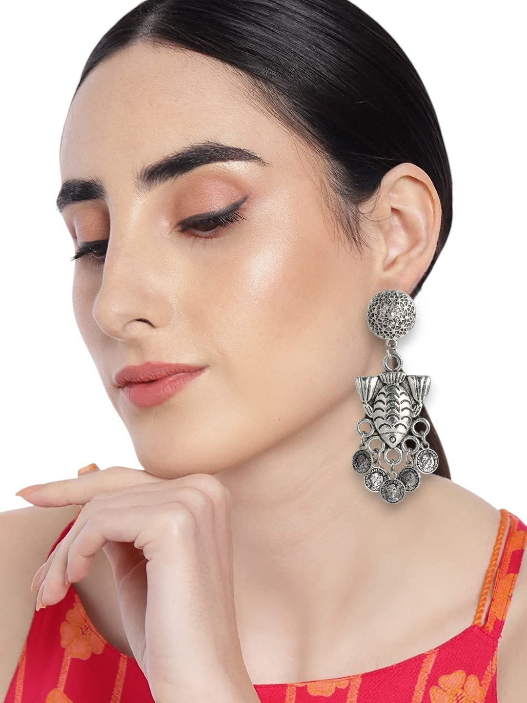 Sangria Silver-Plated Coin Contemporary Oxidised Drop Earrings