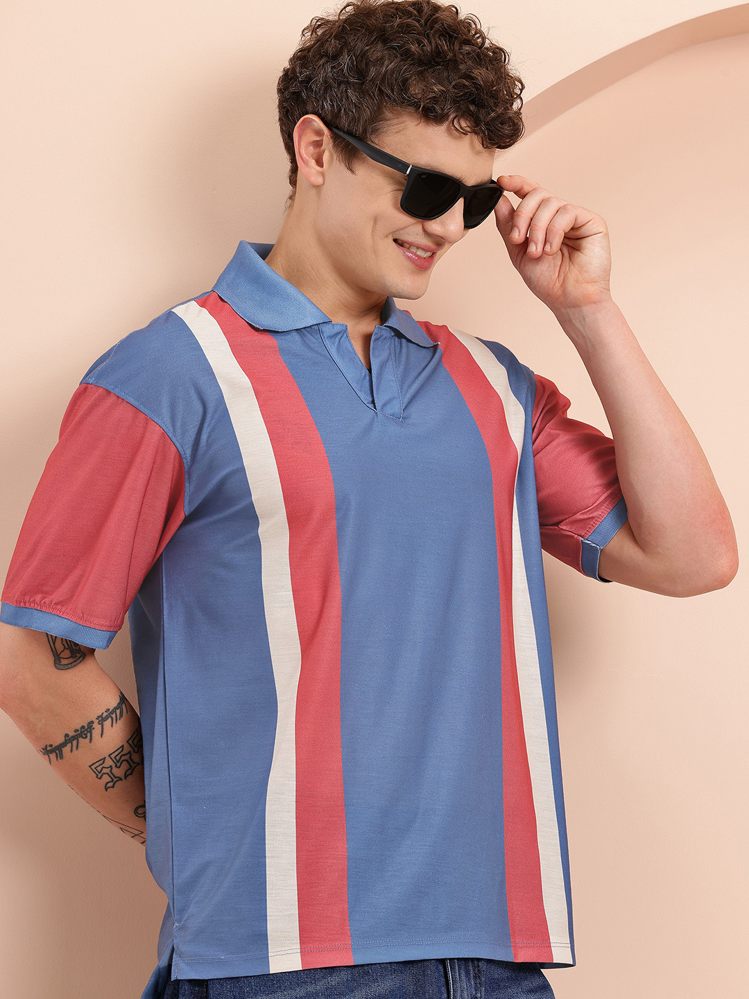 Mast & Harbour Striped Polo Collar Relaxed Fit T-shirt
