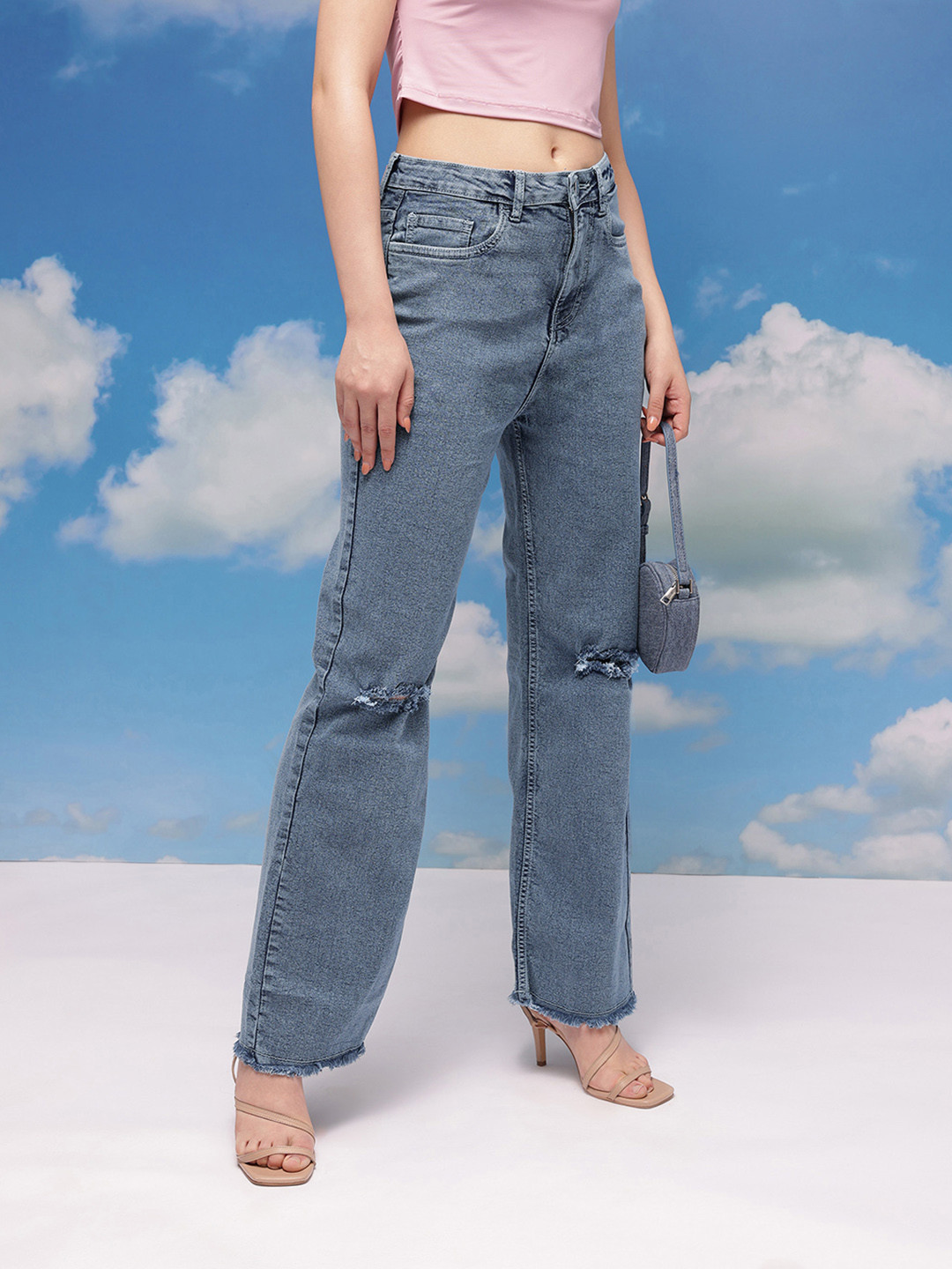 CORSICA Women Washed Straight Fit Mid-Rise Slash Knee Stretchable Jeans