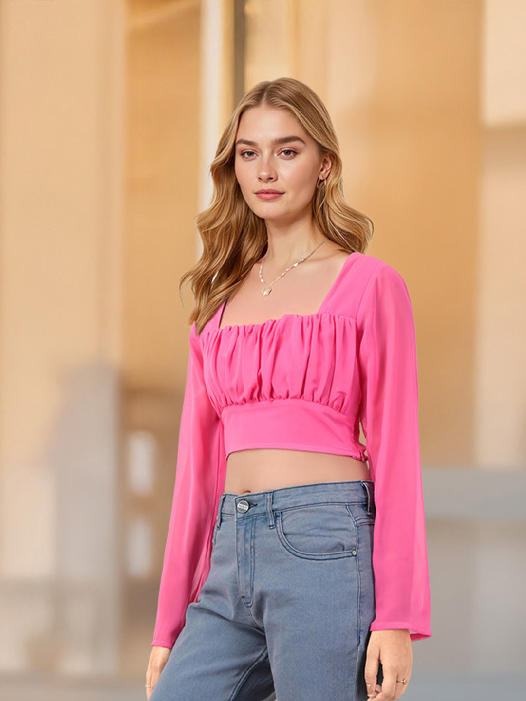 Mast & Harbour Ruched Square Neck Crop Top