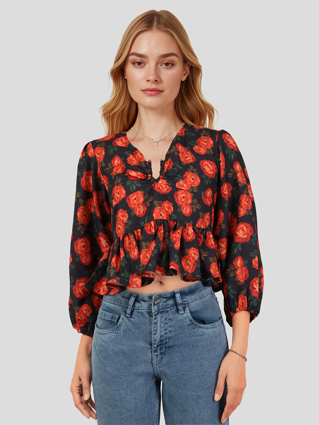 Mast & Harbour Floral Print V-Neck Puff Sleeve Peplum Crop Top