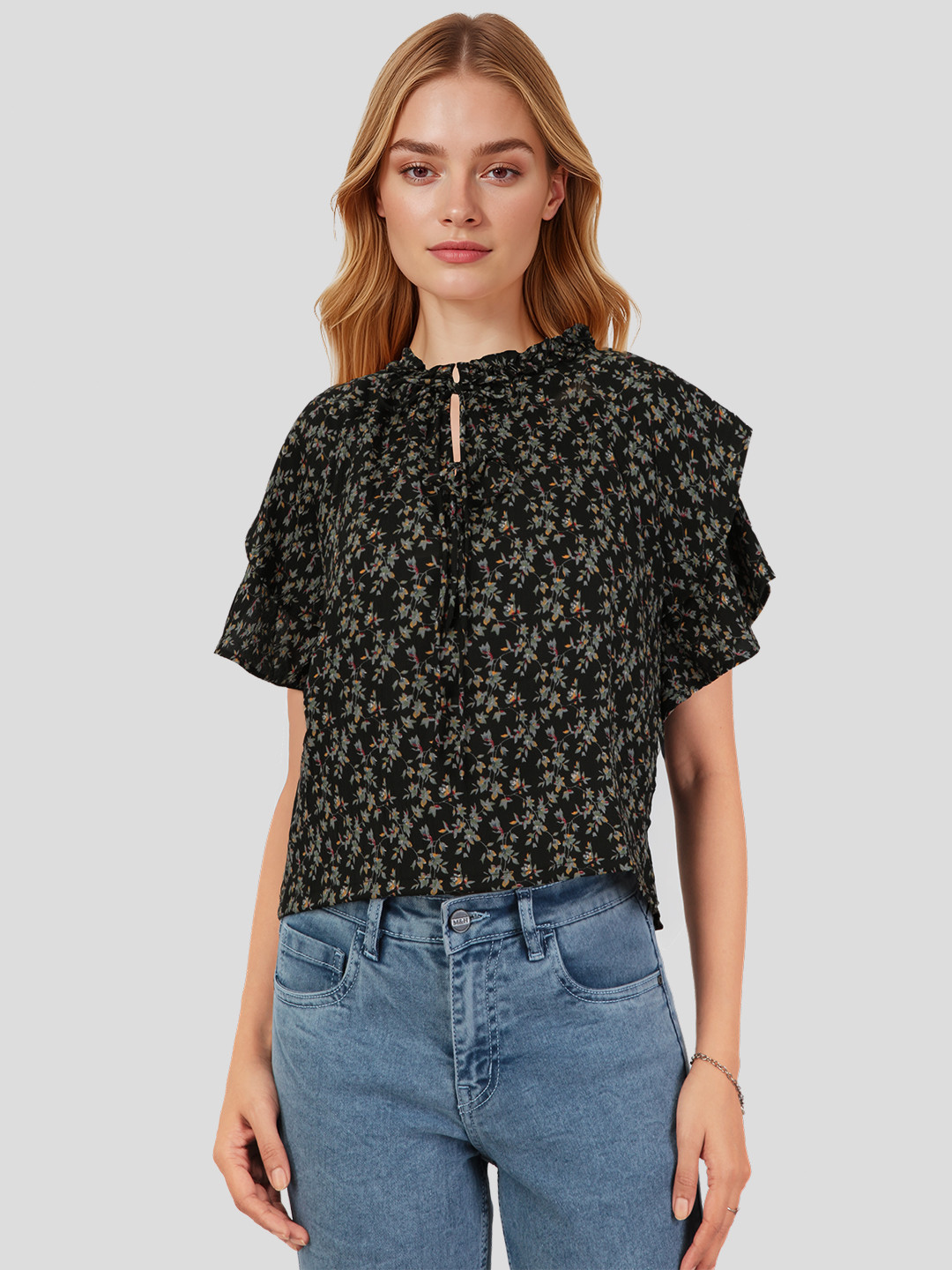 Mast & Harbour Floral Print Tie-Up Neck Flutter Sleeve Ruffled Top