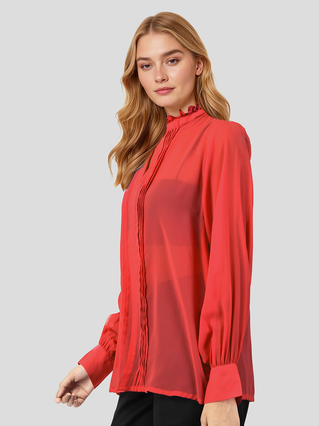 Mast & Harbour Ruffle & Pin Tucks Detail Semi-Sheer Top